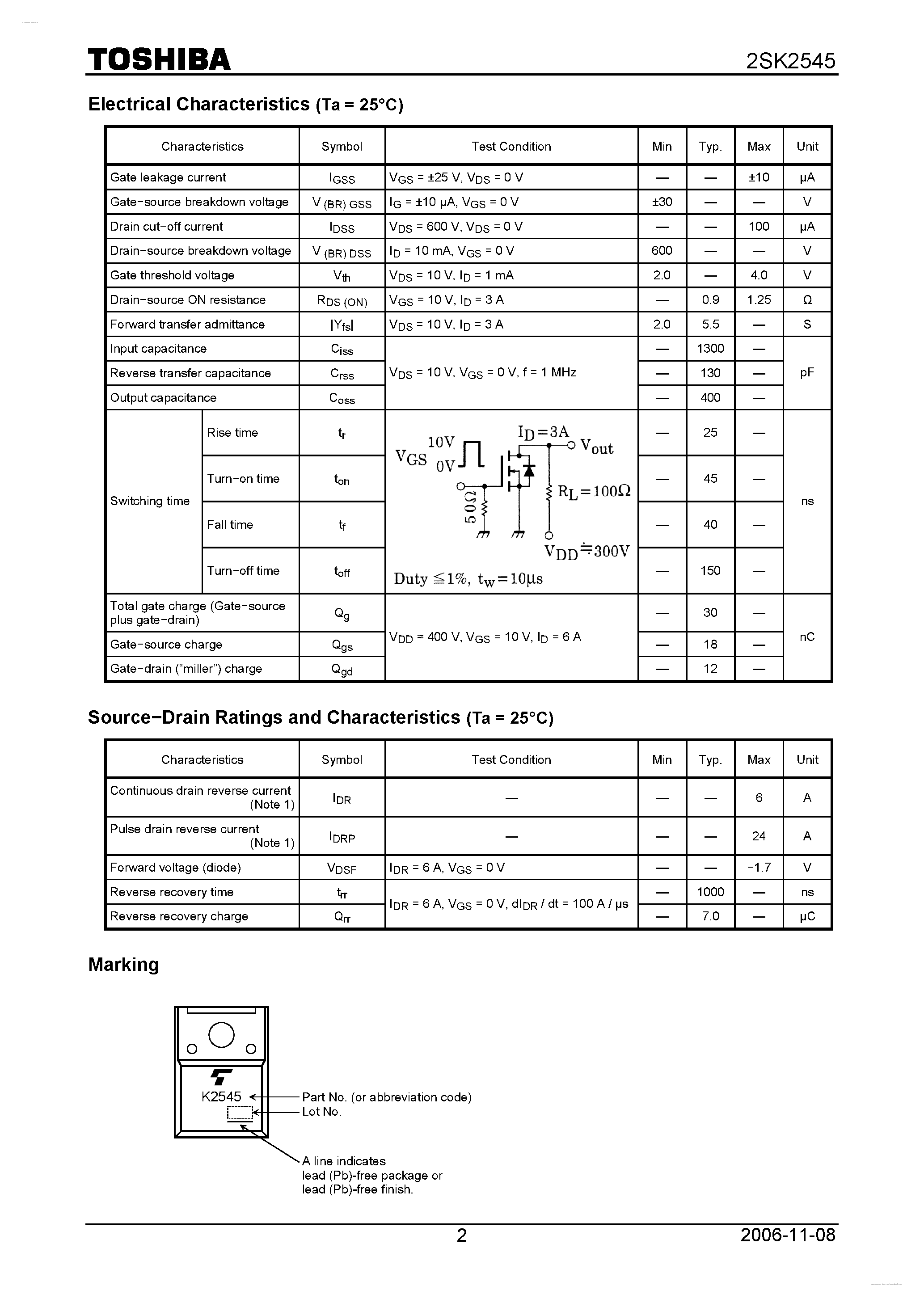 Datasheet K2545 - Search -----> 2SK2545 page 2