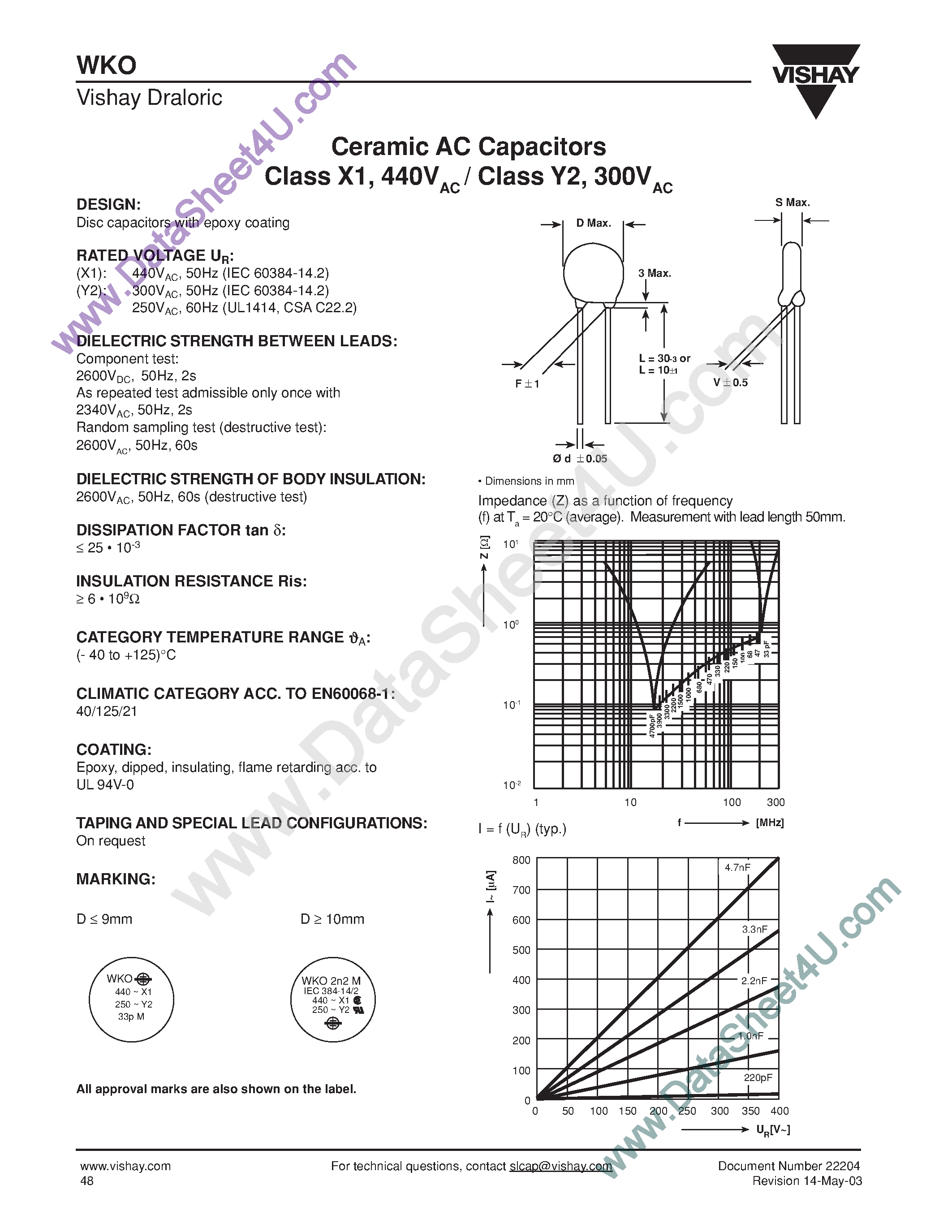 Даташит WKO101xCPxxx - WKO Series / Ceramic AC Capacitors страница 1