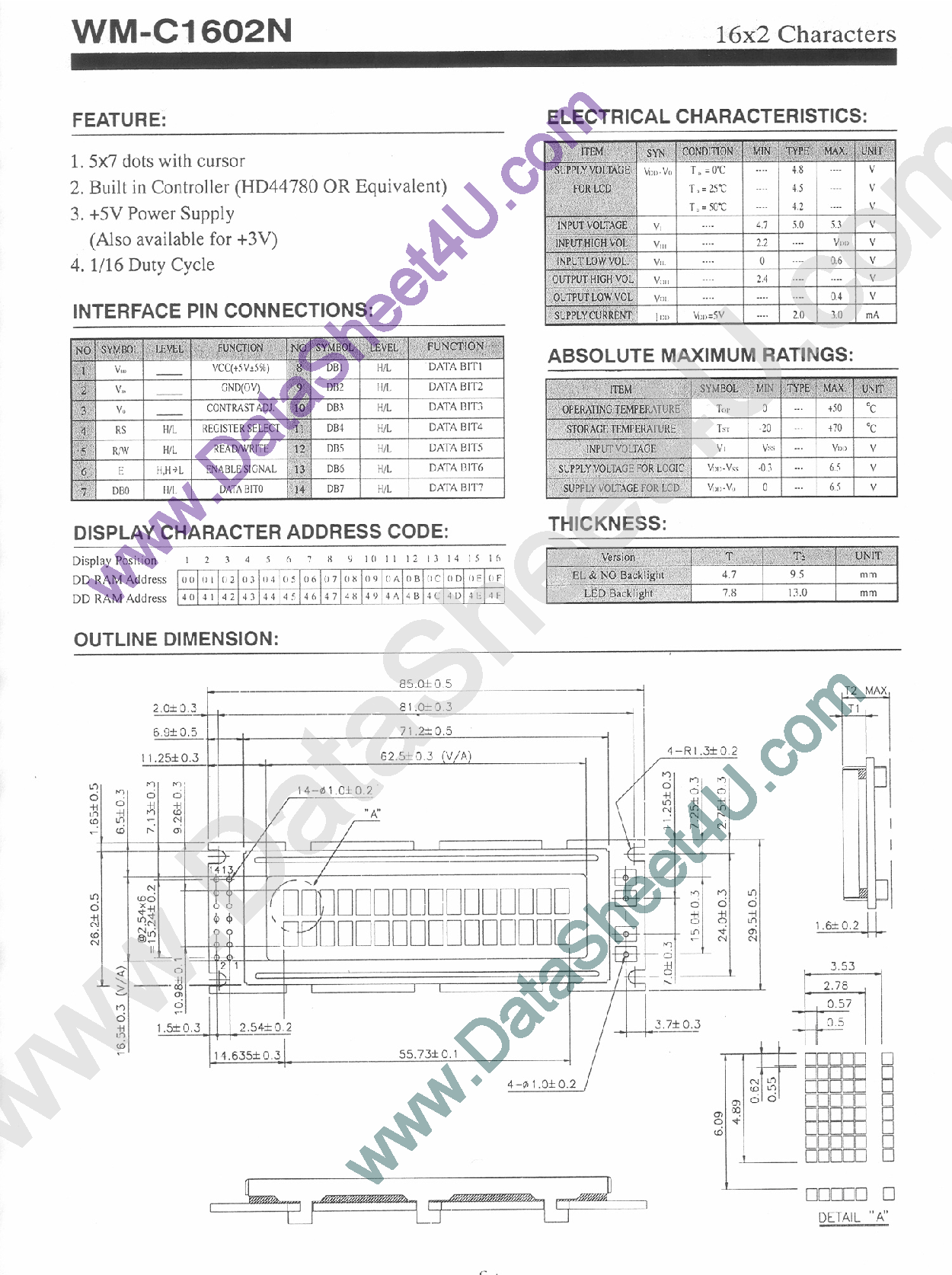 Даташит WMC1602N - 16 x 2 Characters страница 1