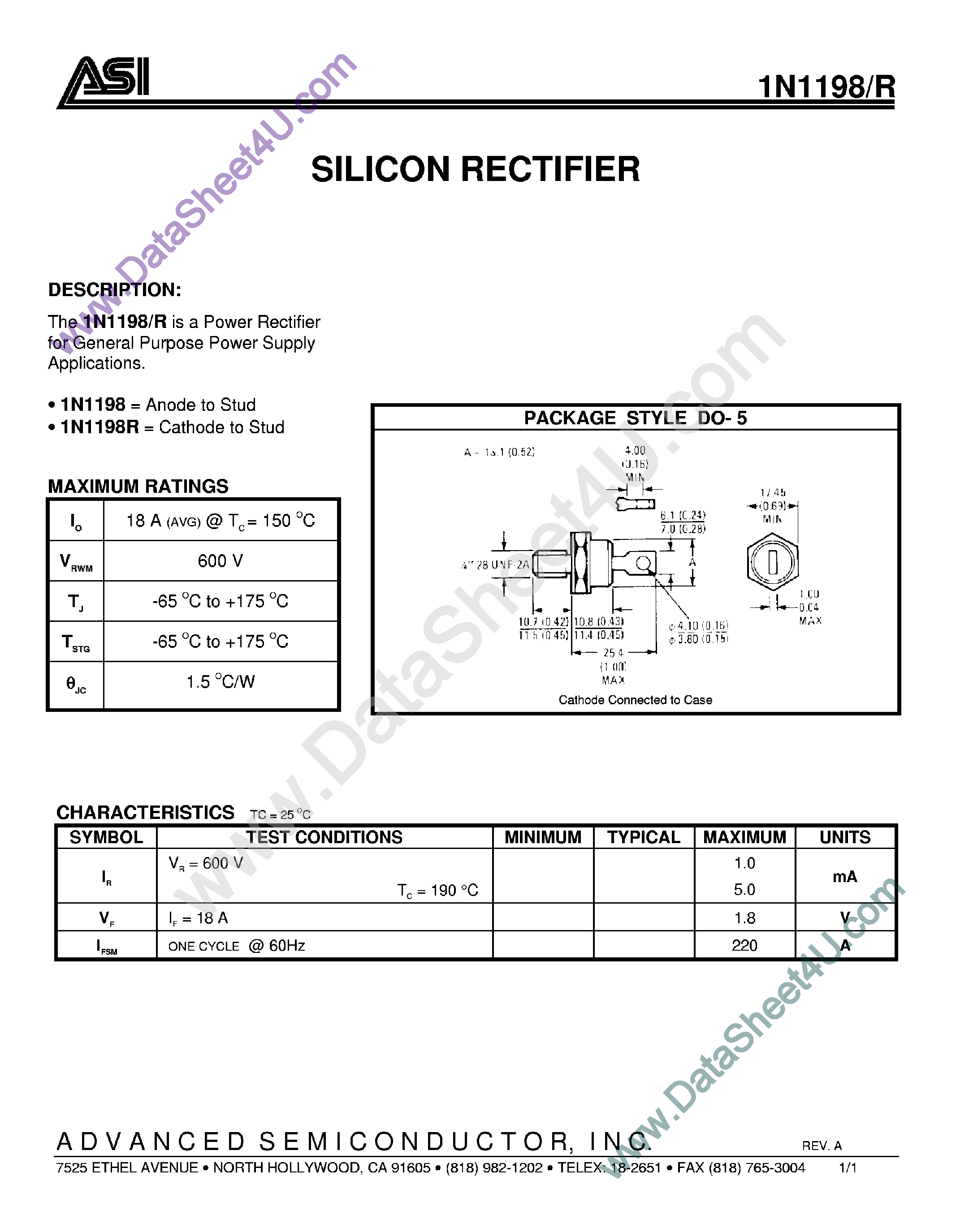 Datasheet 1N1198 - Silicon Rectifier page 1