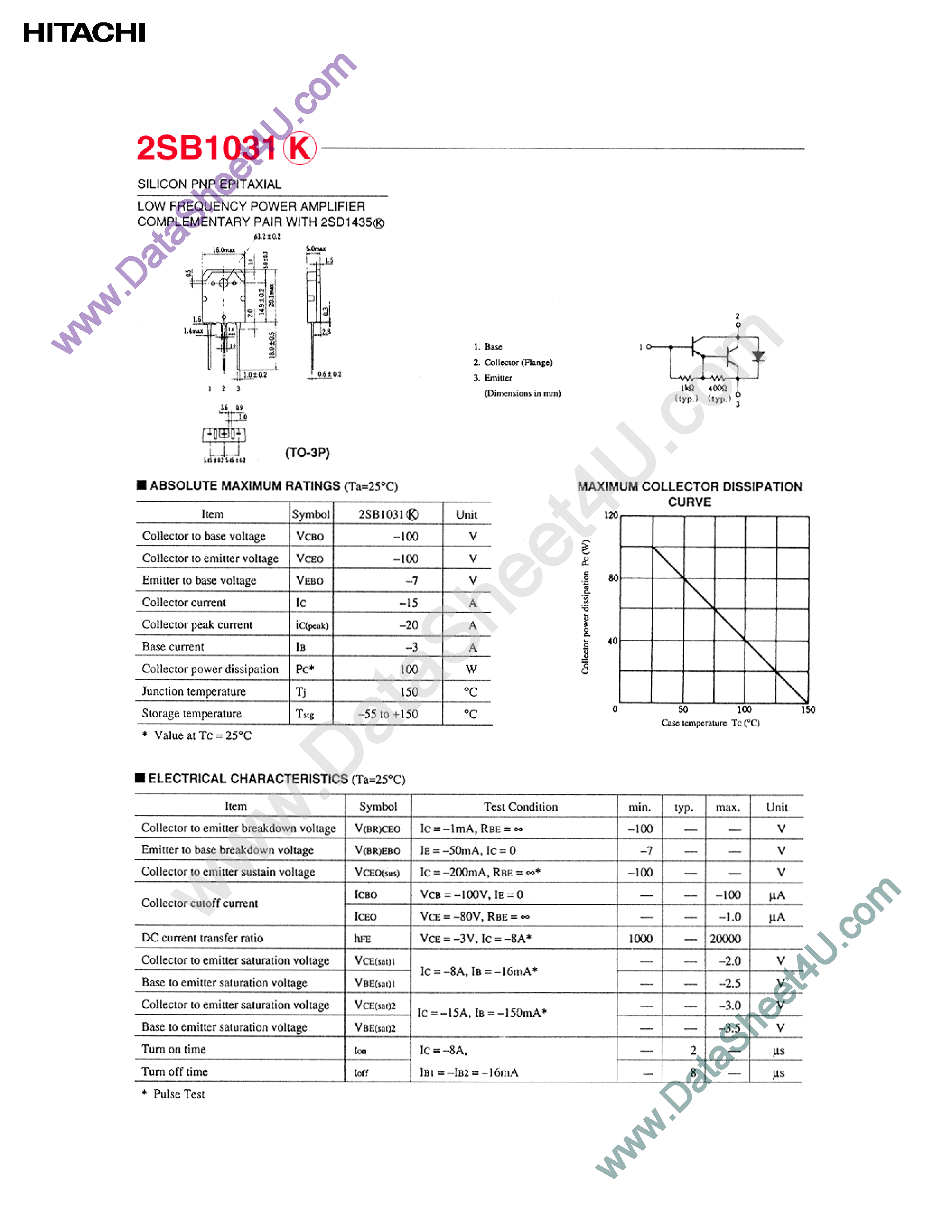 Даташит 2SB1031 - LOW FREQUENCY POWER AMPLIFIER COMPLEMENTARY PAIR WITH 2SD1435K страница 1