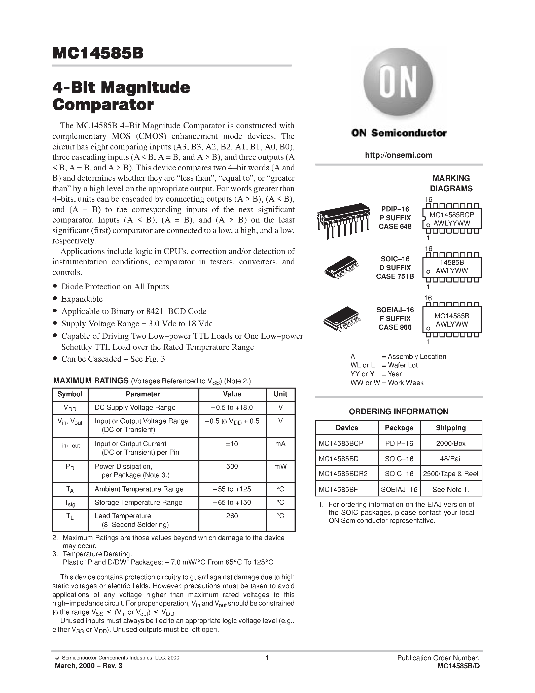 Даташит MC14585B - 4-Bit Magnitude Comparator страница 1