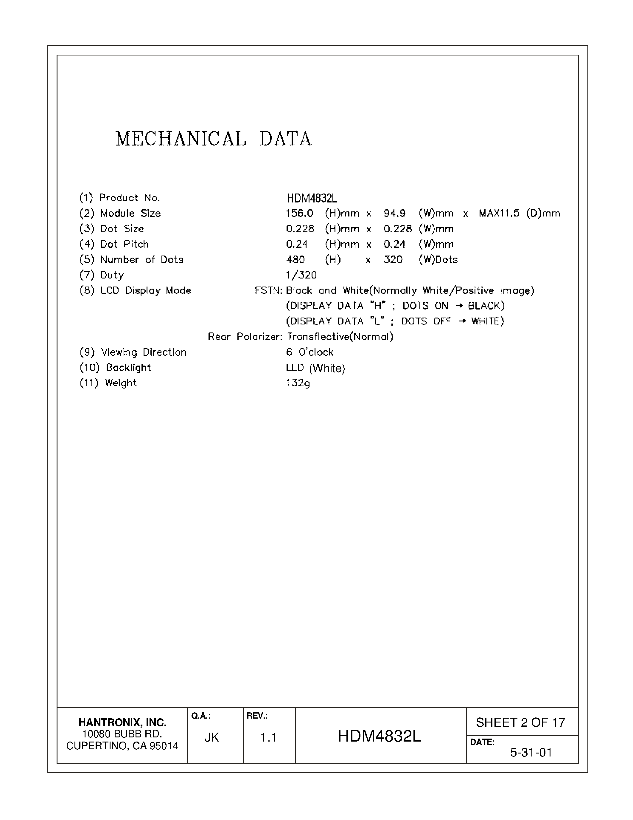 Datasheet HDMs4832-l - LCD DISPLAY MODULE page 2