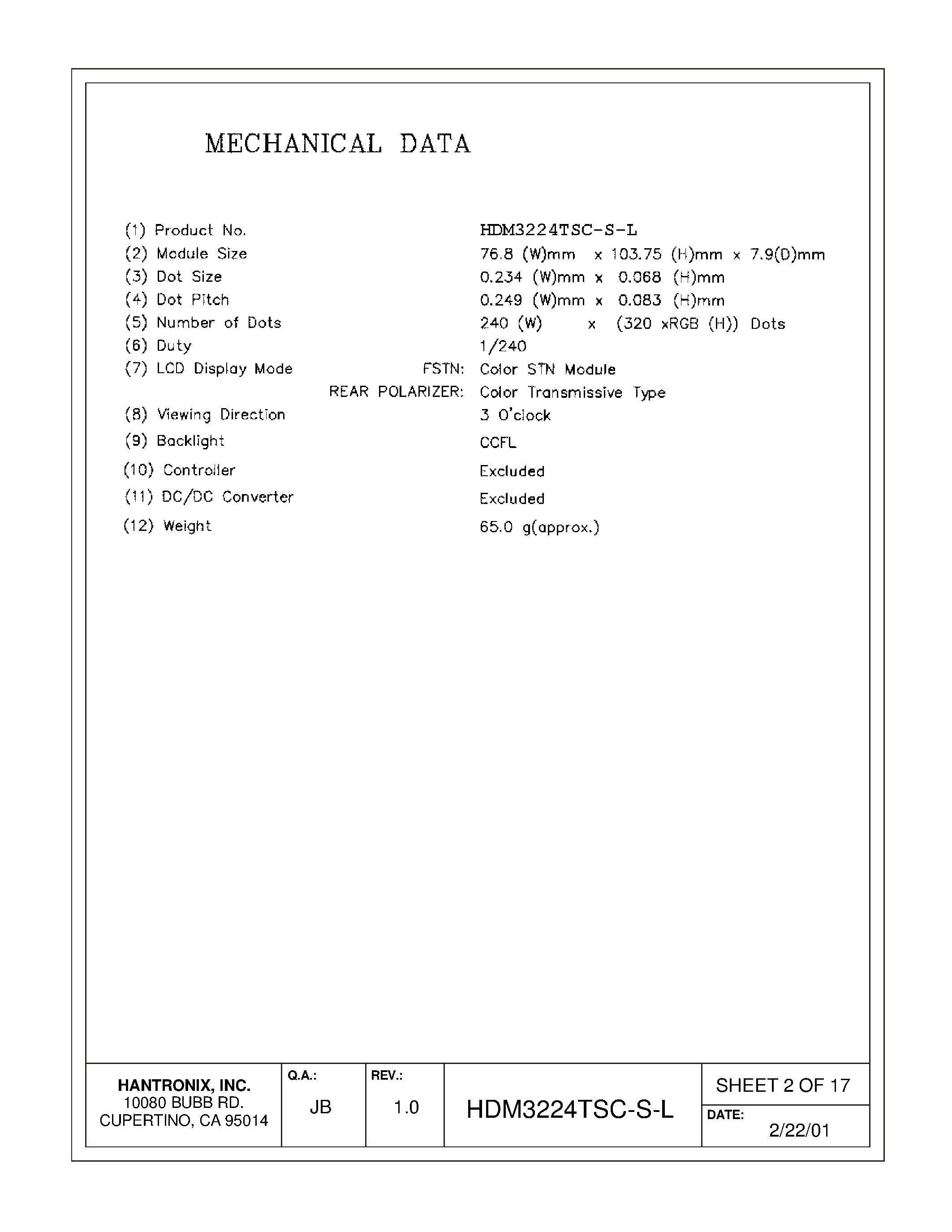 Datasheet HDMs3224tsc-s-l - LCD DISPLAY MODULE page 2