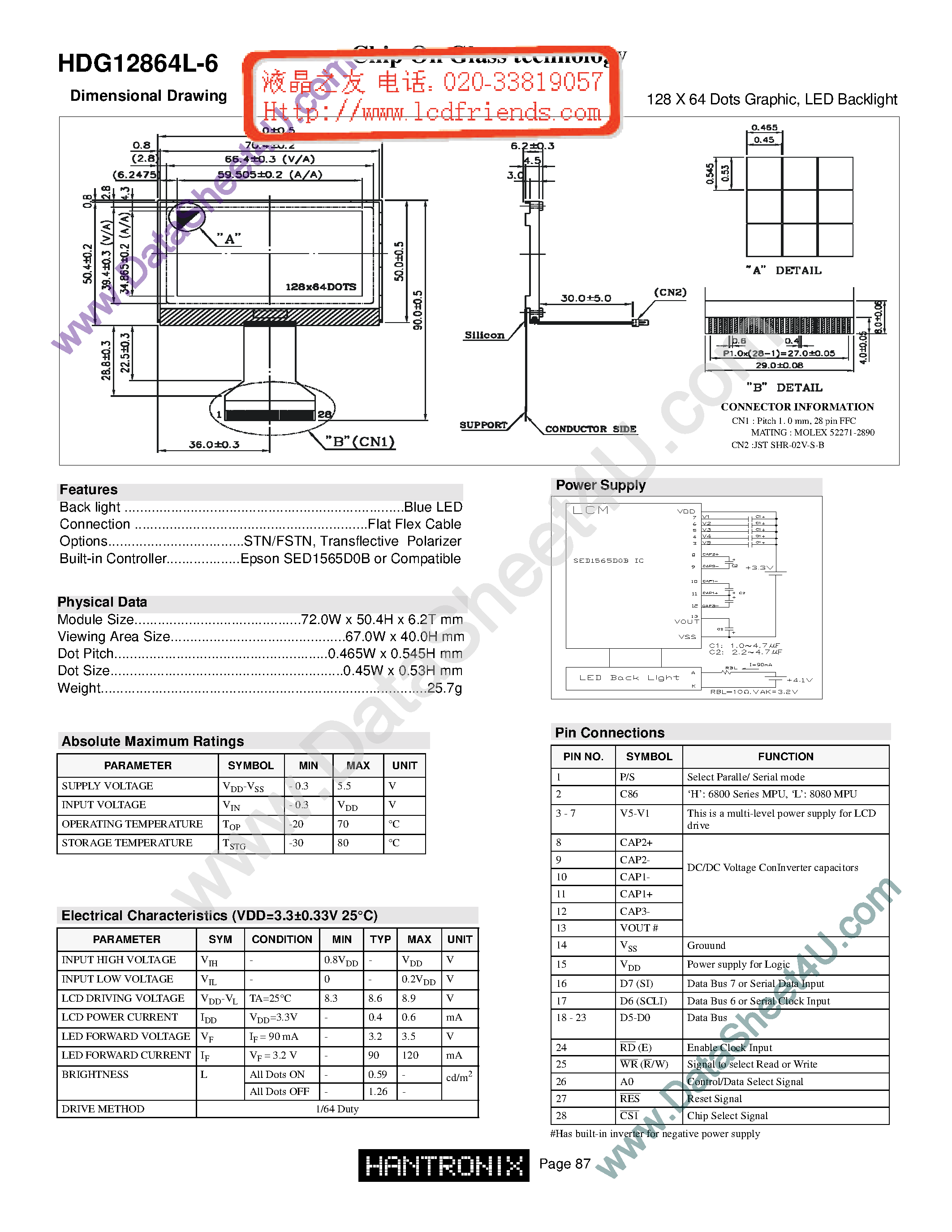 Даташит HDM12864l-6 - LCD DISPLAY MODULE страница 1