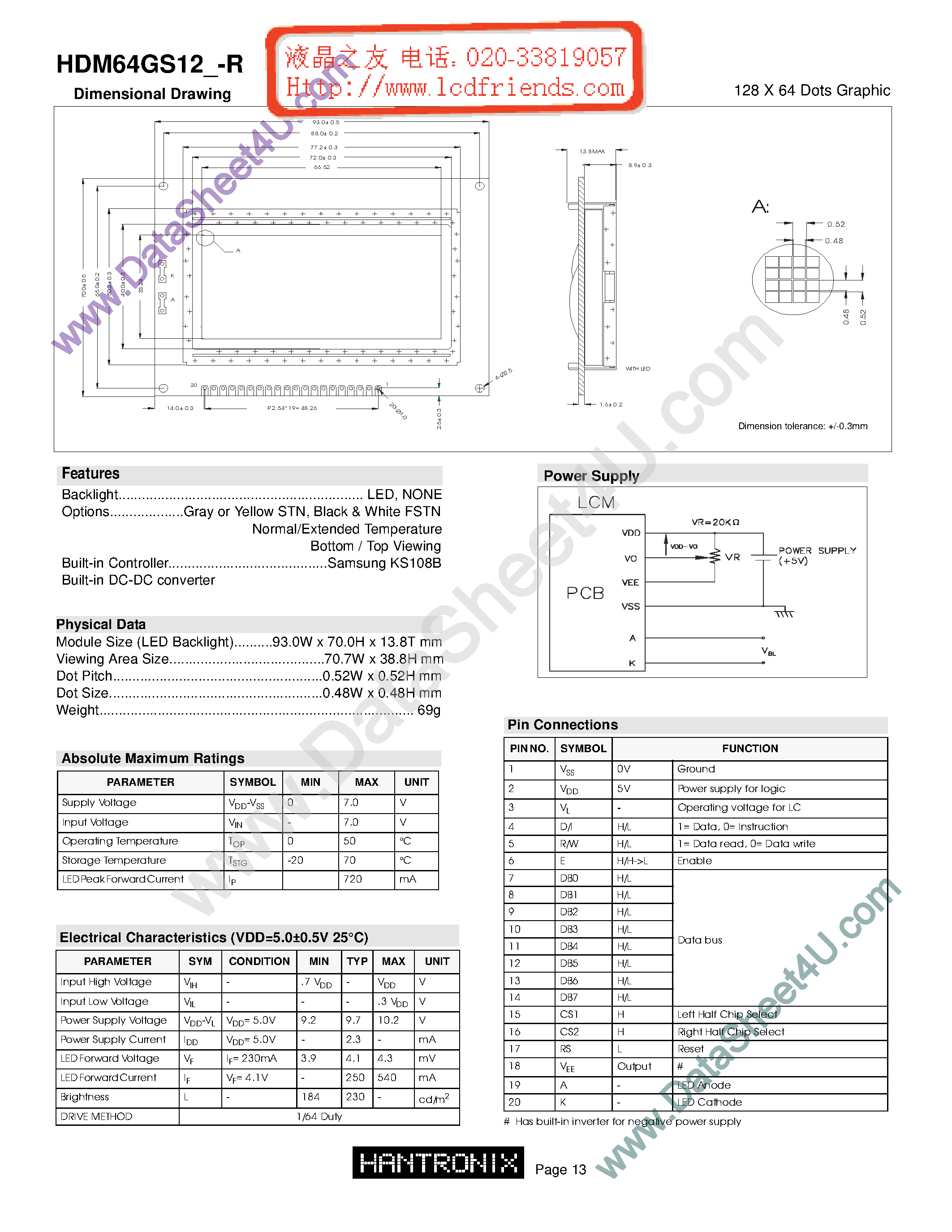 Datasheet HDM64gs12-r - LCD DISPLAY MODULE page 1