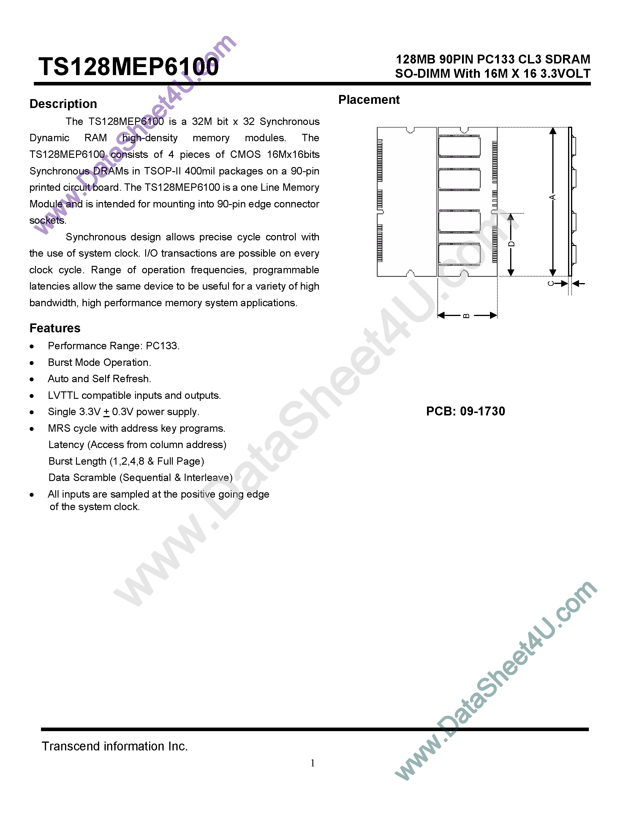 Даташит TS128MEP6100 - 128MB 90PIN PC133 CL3 SDRAM страница 1