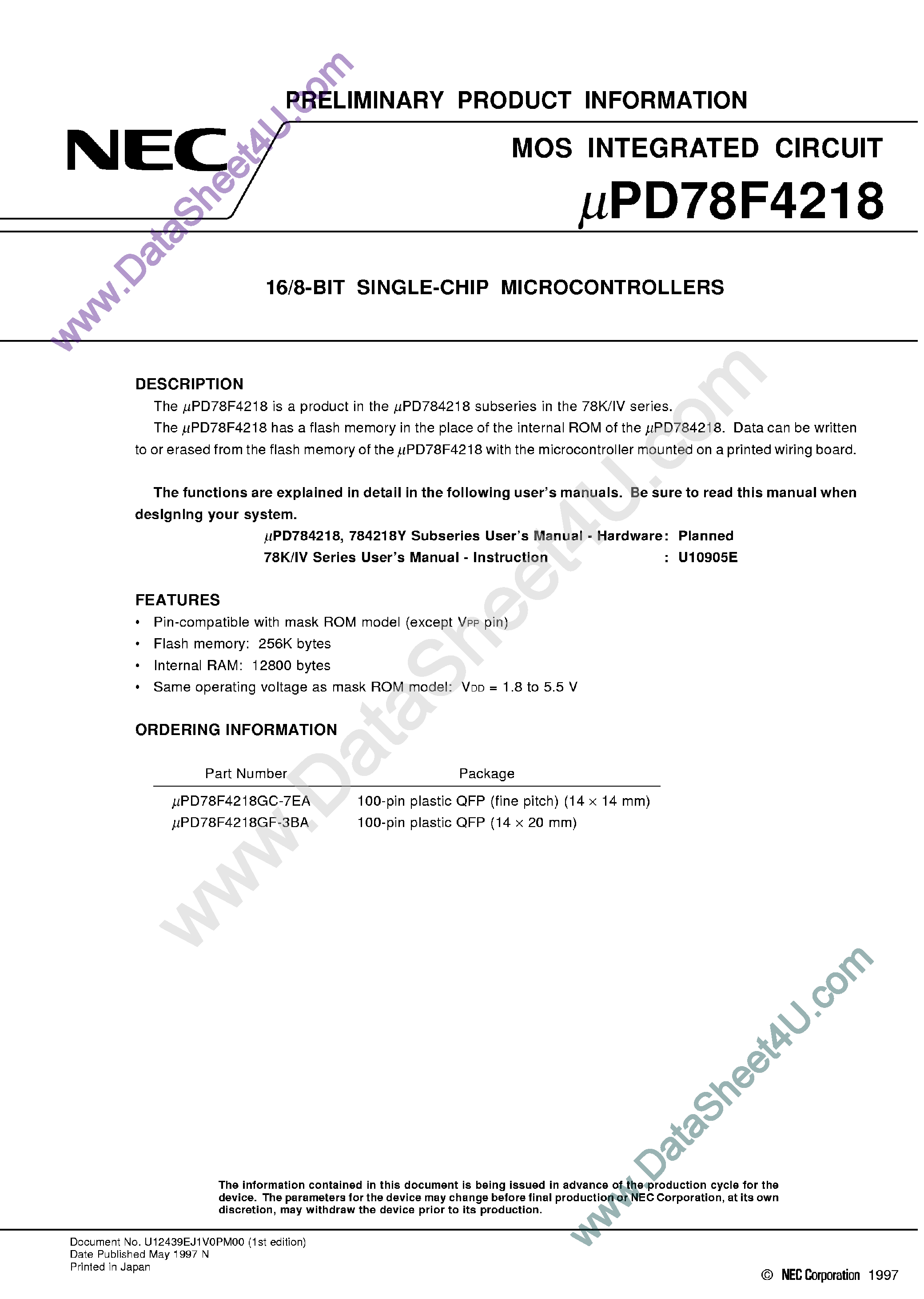 Даташит UPD78F4218 - 16/8-Bit Single-Chip Microcontrollers страница 1