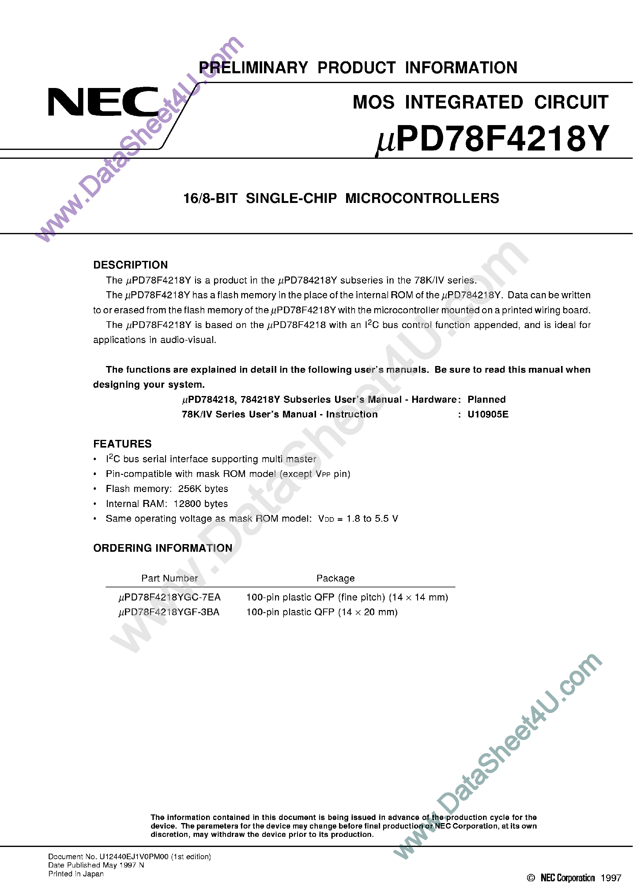 Даташит UPD78F4218Y - 16/8-Bit Single-Chip Microcontrollers страница 1