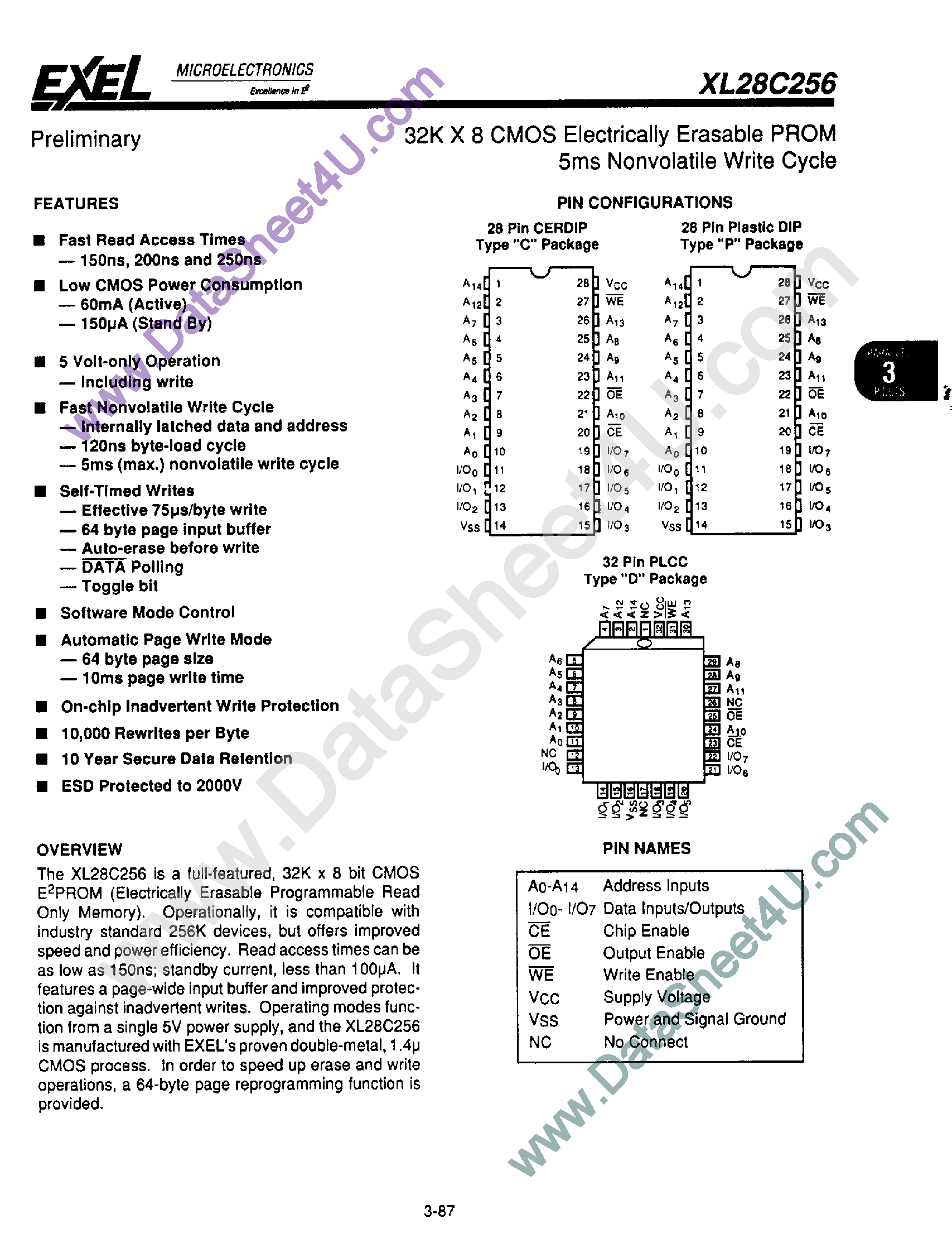 Datasheet XL28C256 - 32K x 8 CMOS EEPROM page 1