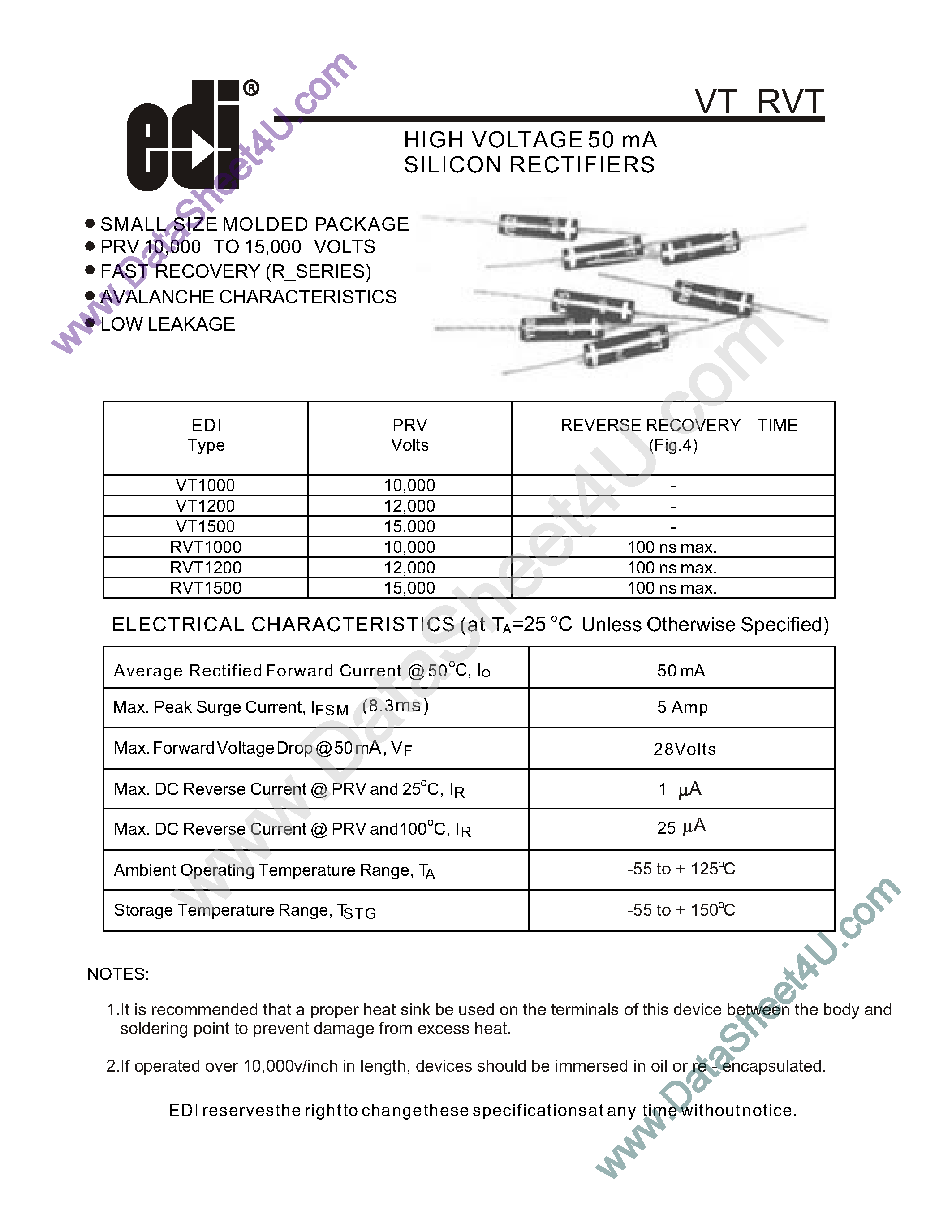 Datasheet VT1000 - (VT1000 - VT1500) High Voltage 50mA Silicon Rectifiers page 1