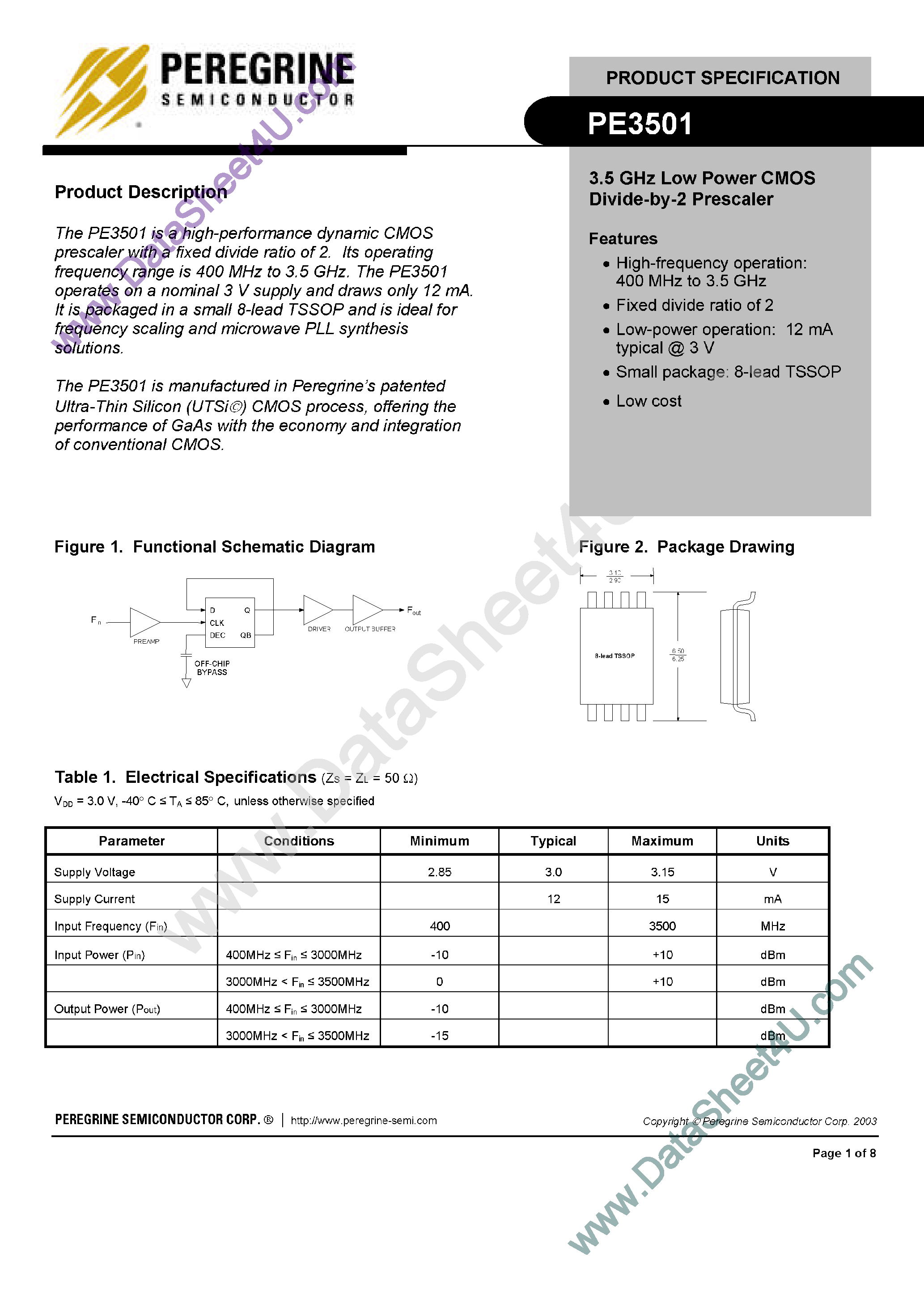 Даташит PE3501 - Low Power CMOS Divide by 2 Prescaler страница 1