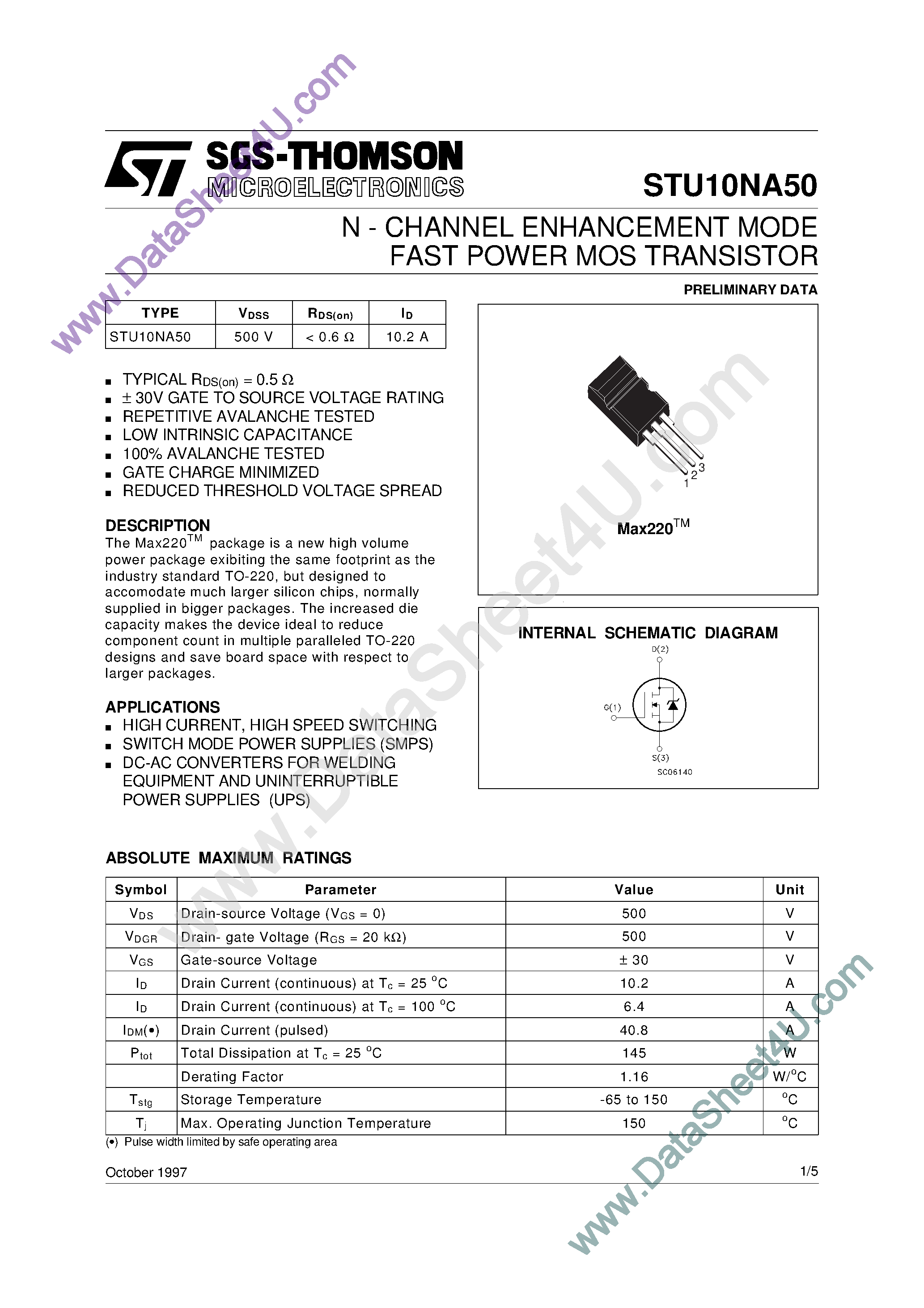 Datasheet STU10NA50 - N-Channel Enhancement Mode Fast Power MOS Transistor page 1