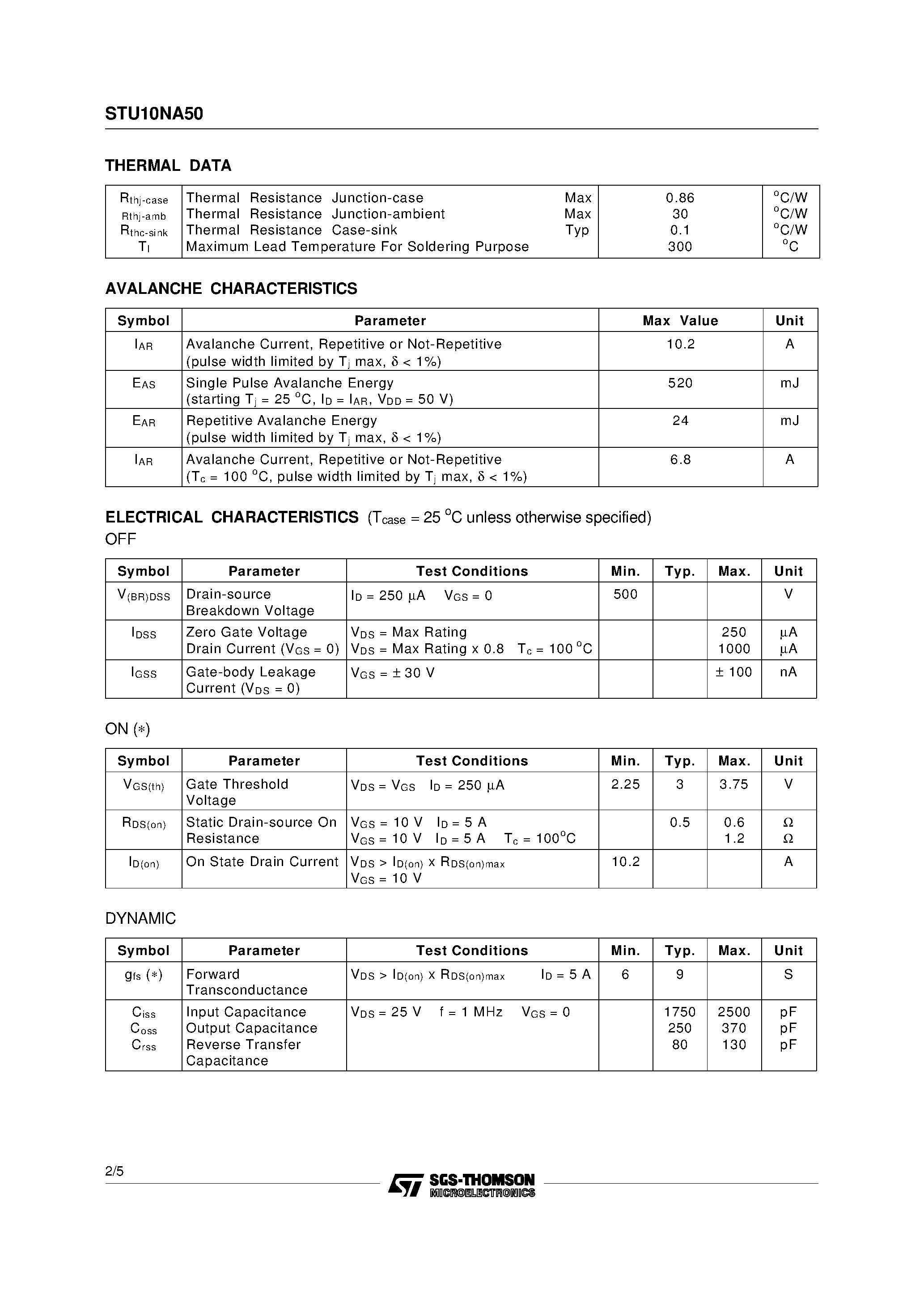 Datasheet STU10NA50 - N-Channel Enhancement Mode Fast Power MOS Transistor page 2