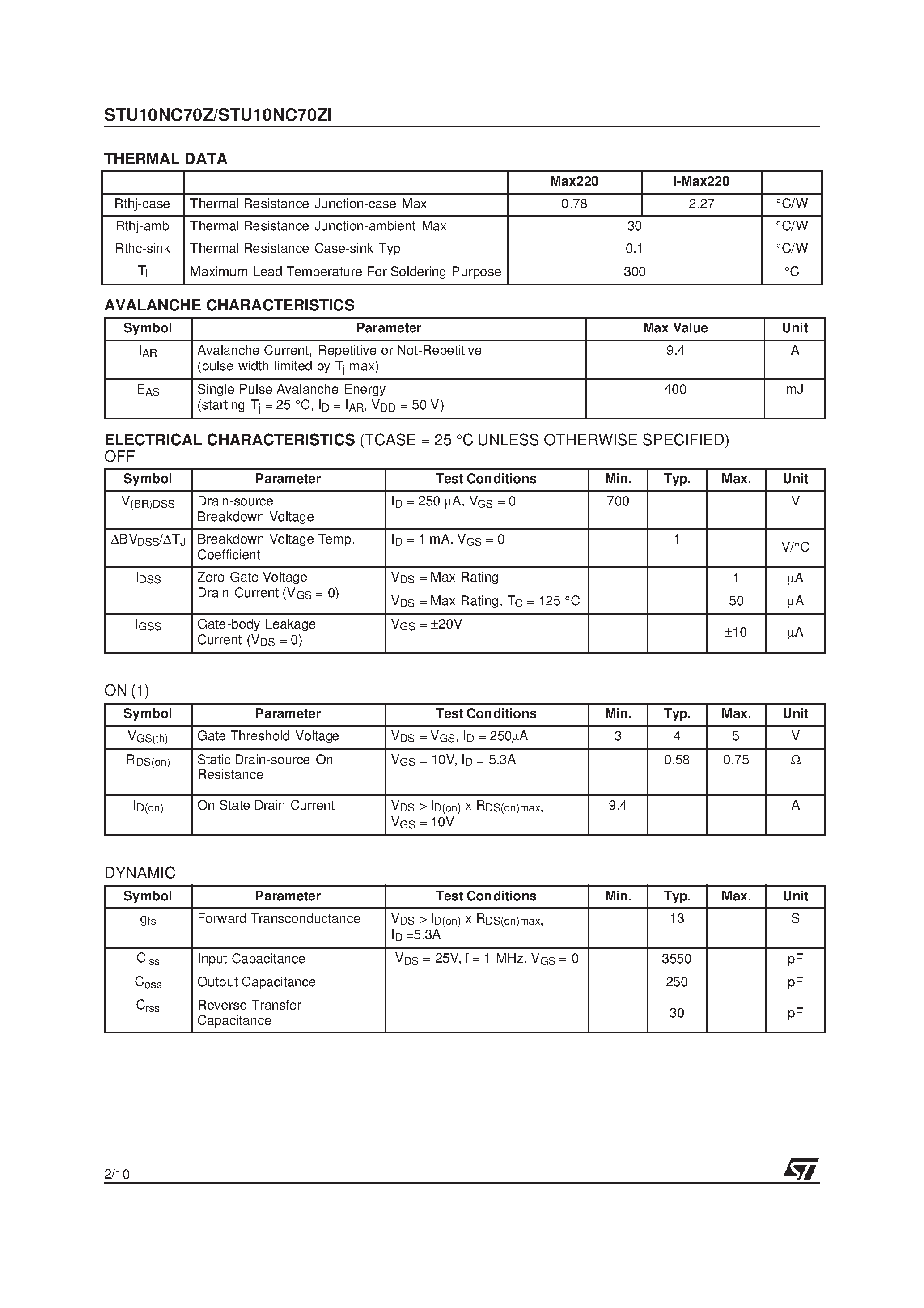 Datasheet STU10NC70Z - N-Channel MOSFET page 2