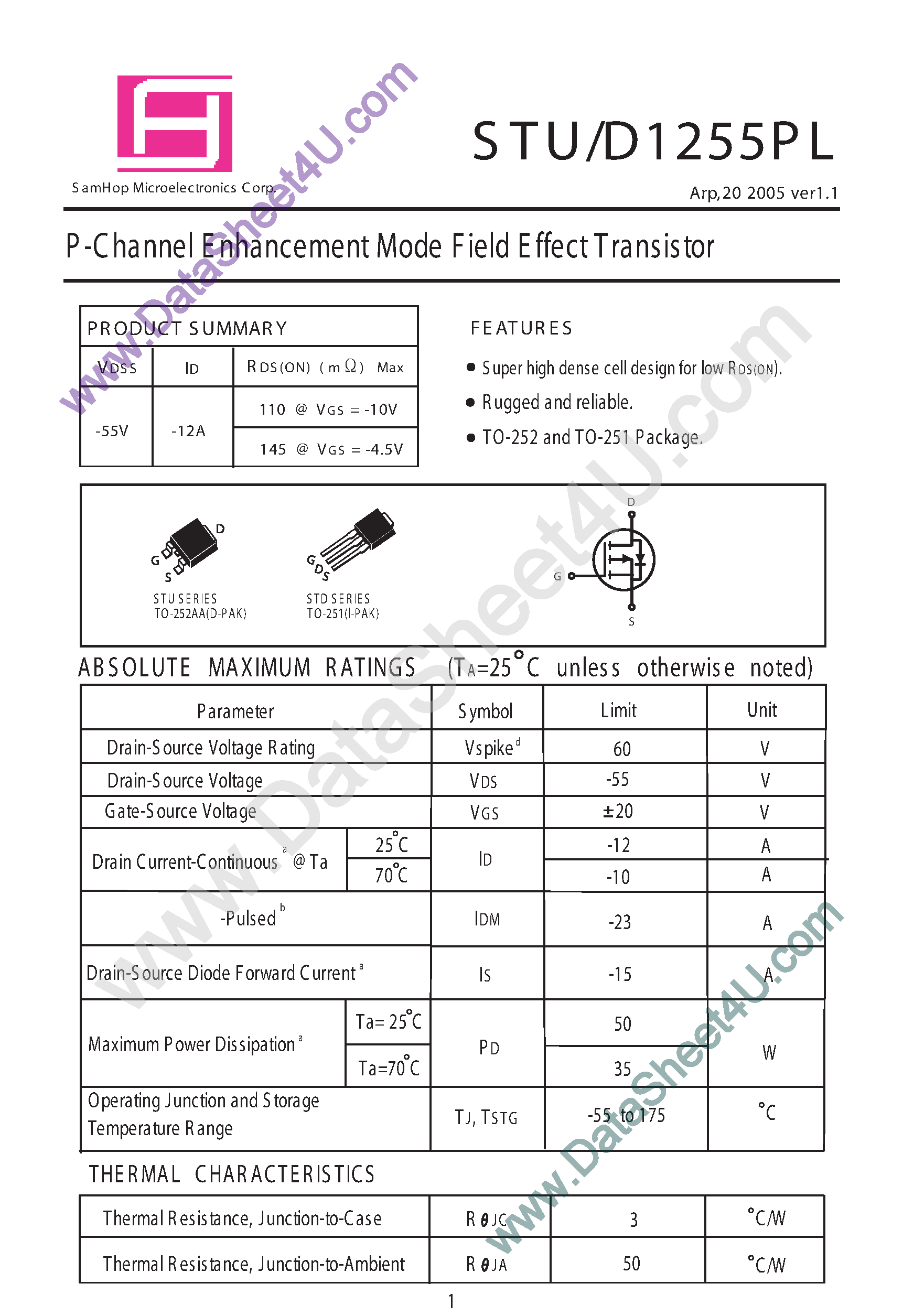 Даташит STU1225PL - P-Channel Enhancement Mode Field Effect Transistor страница 1