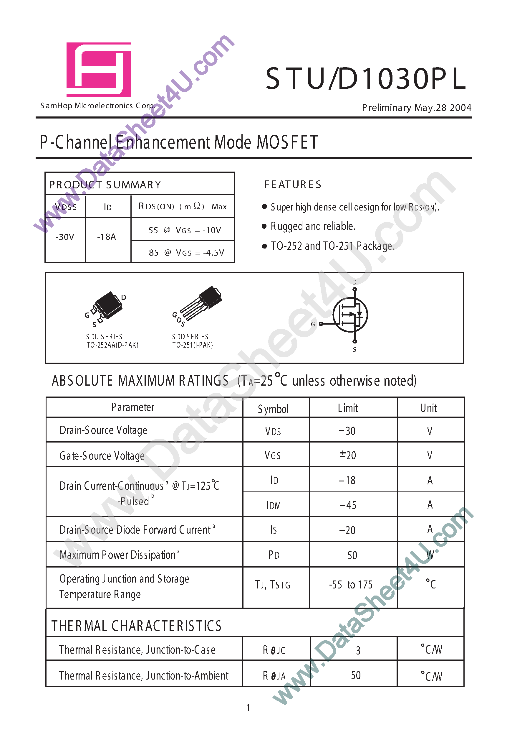 Datasheet STU1030PL - P-Channel Enhancement Mode MOSFET page 1