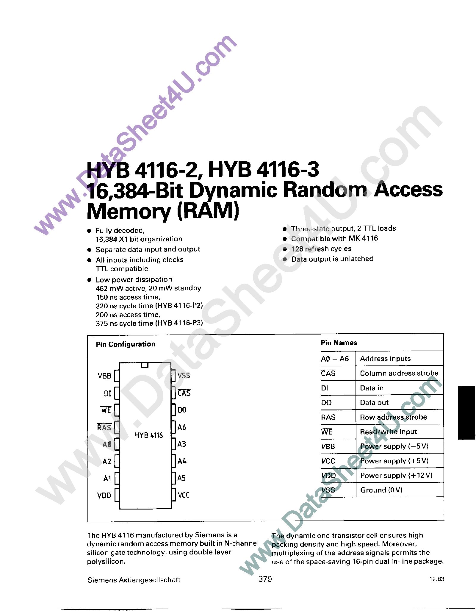 Даташит HYB4116-3 - (HYB4116-2/-3) 16384-Bit DRAM страница 1