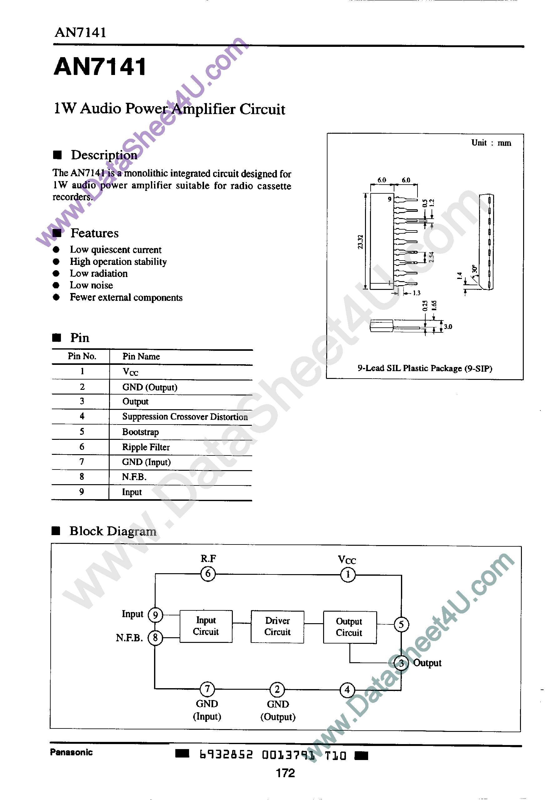 Даташит на микросхему AN7141 страница 1 Даташит AN7141 - 1W Audio Power Amplifier Circuit страница 1