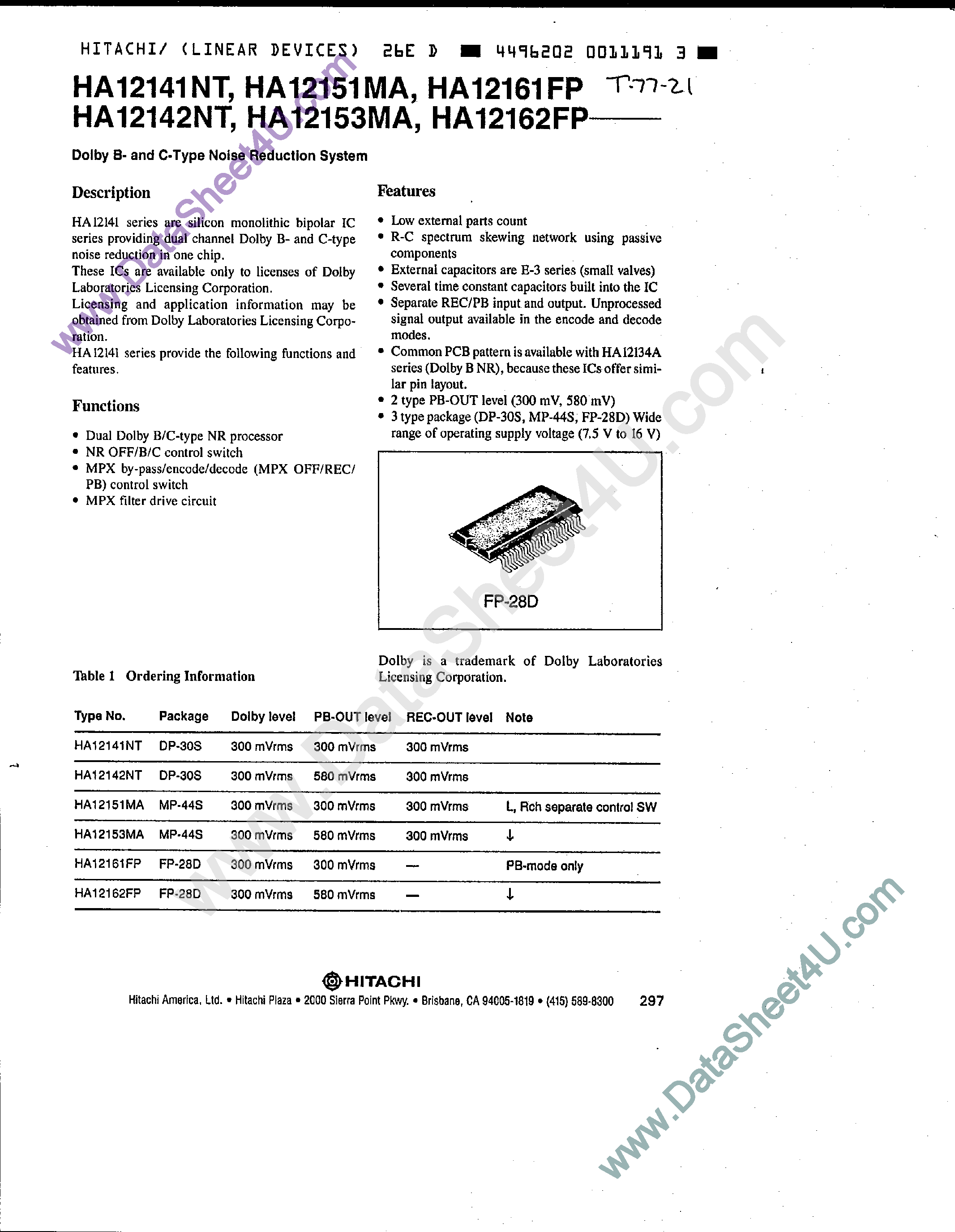 Datasheet HA12142 - (HA12141 - HA12162) Dolby-B and C-Type Noise Reduction System page 1