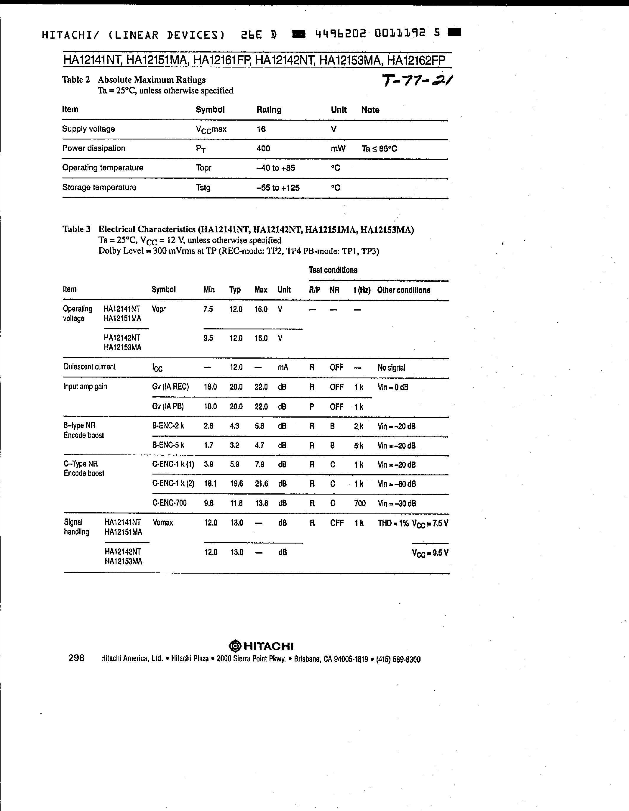 Datasheet HA12142 - (HA12141 - HA12162) Dolby-B and C-Type Noise Reduction System page 2