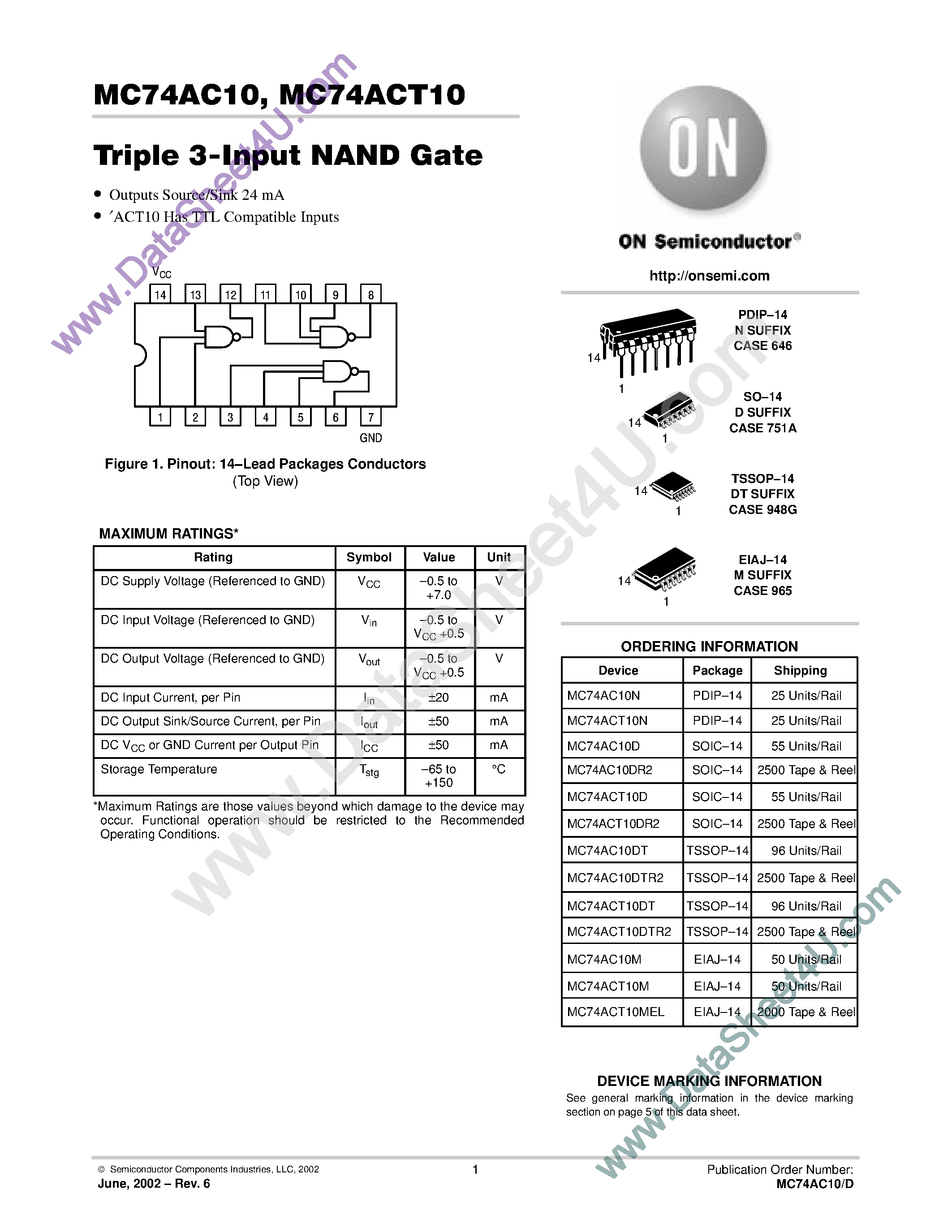 Даташит MC74AC10 - Triple 3-Input NAND Gate страница 1