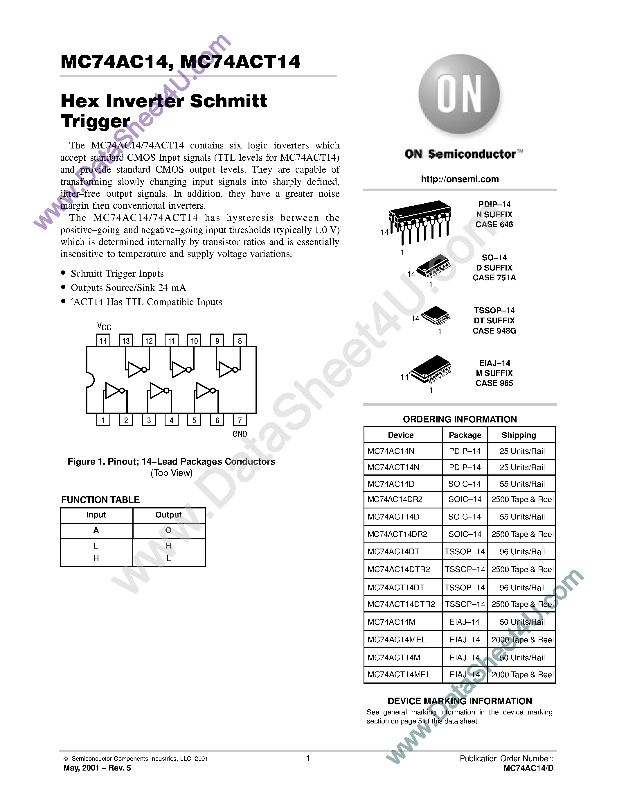 Даташит MC74AC14 - Hex Inverter Schmitt Trigger страница 1