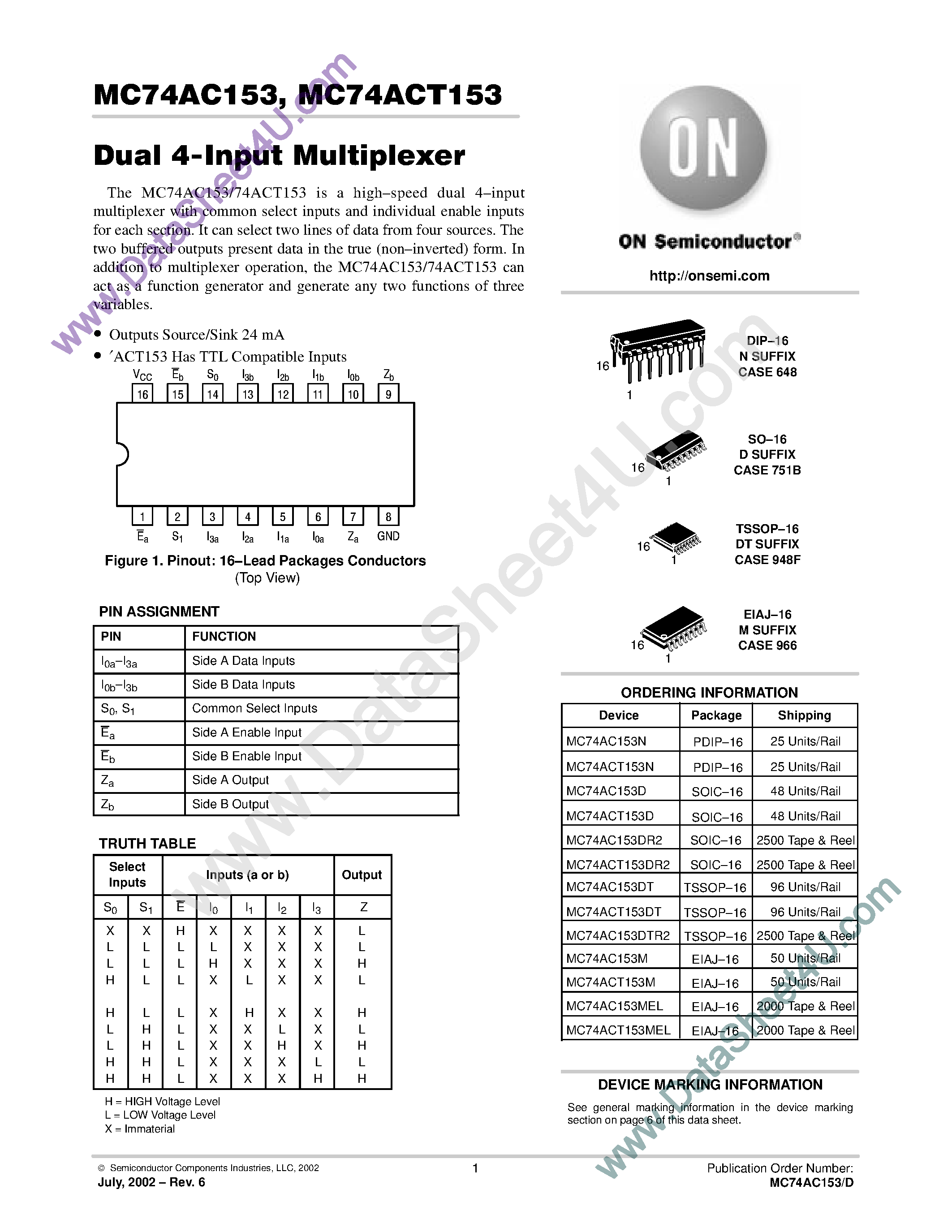 Даташит MC74AC153 - Dual 4-Input Multiplexer страница 1