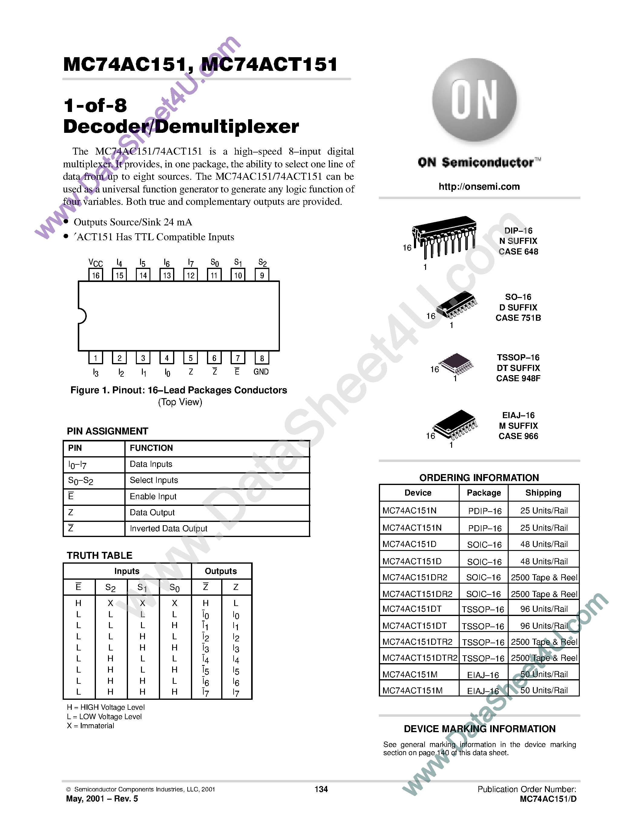 Даташит MC74AC151 - 1-of-8 Decoder / Demultiplexer страница 1