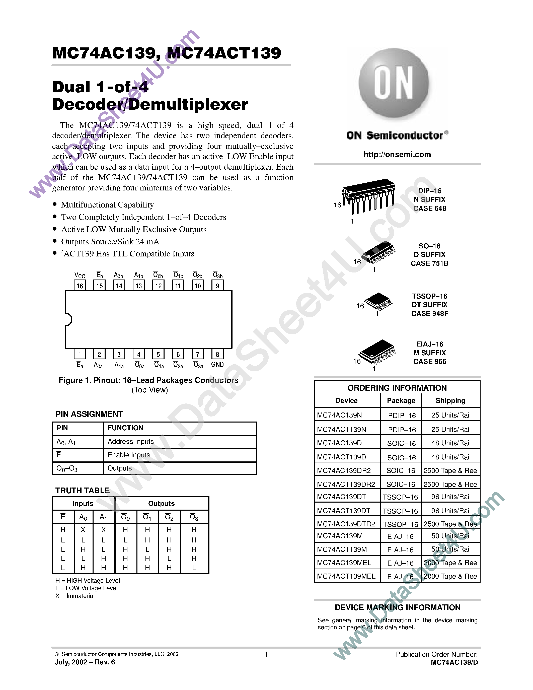 Даташит MC74AC139 - Dual 1-of-4 Decoder / Demultiplexer страница 1