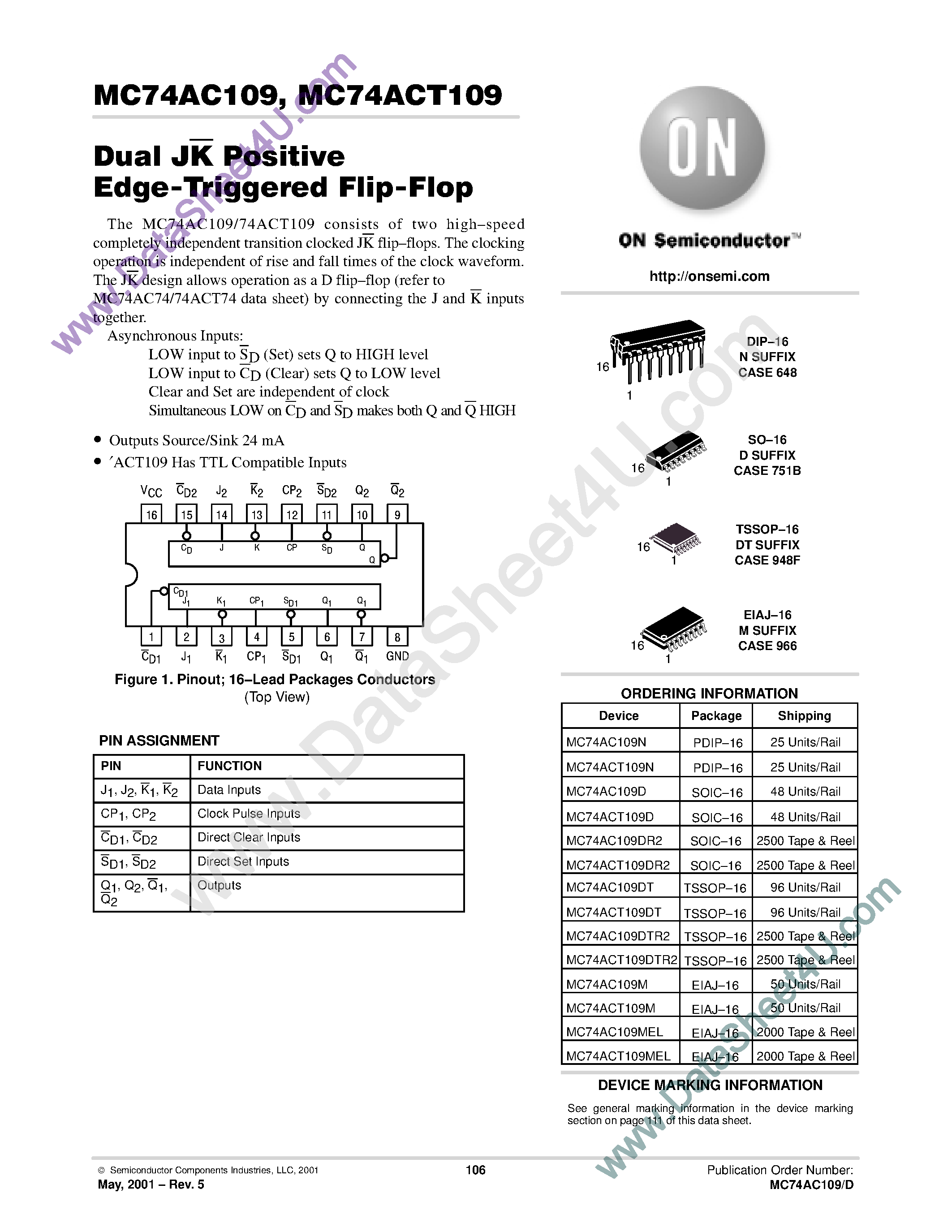 Даташит MC74AC109 - Dual JK Positive Edge Triggered Flip-Flop страница 1