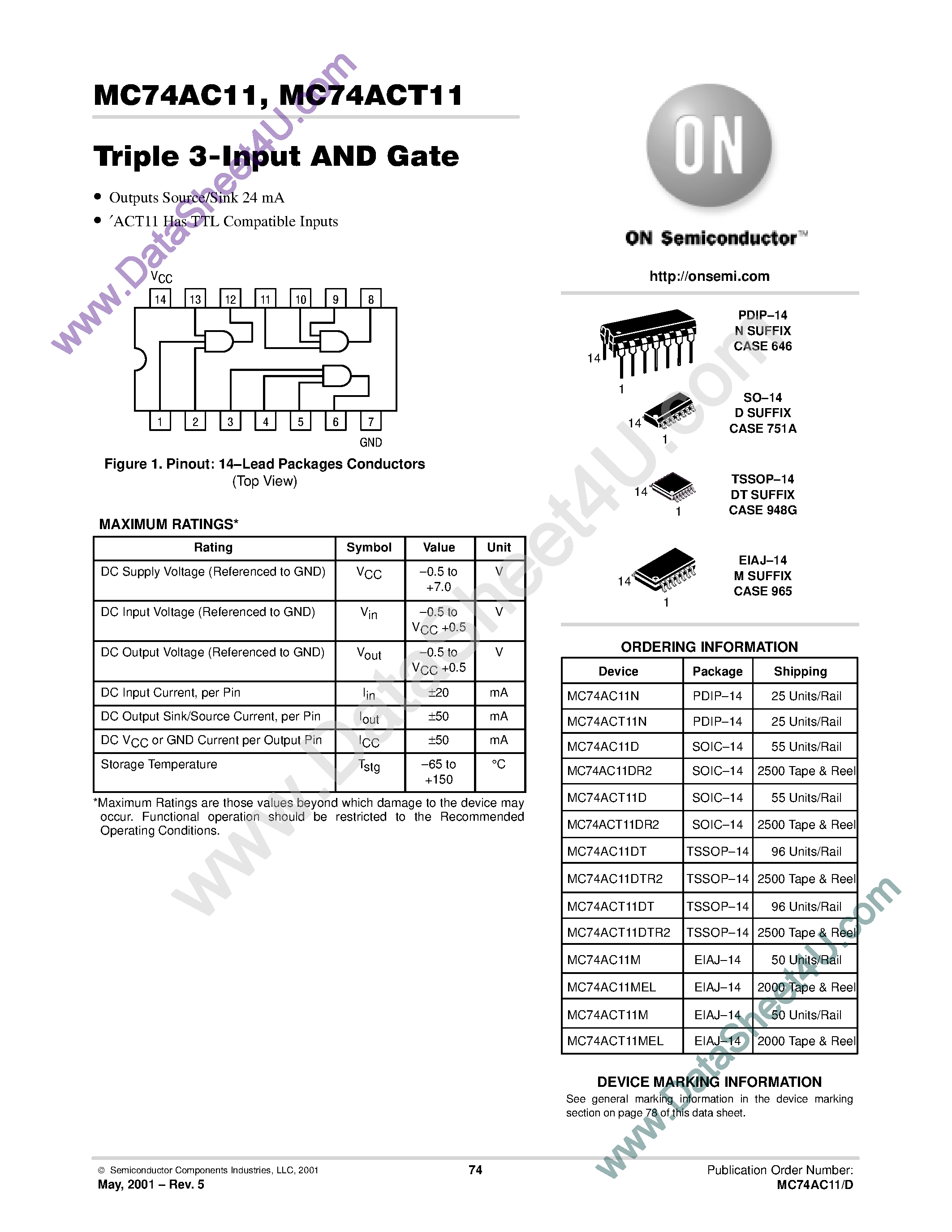 Даташит MC74AC11 - Triple 3-Input AND Gate страница 1