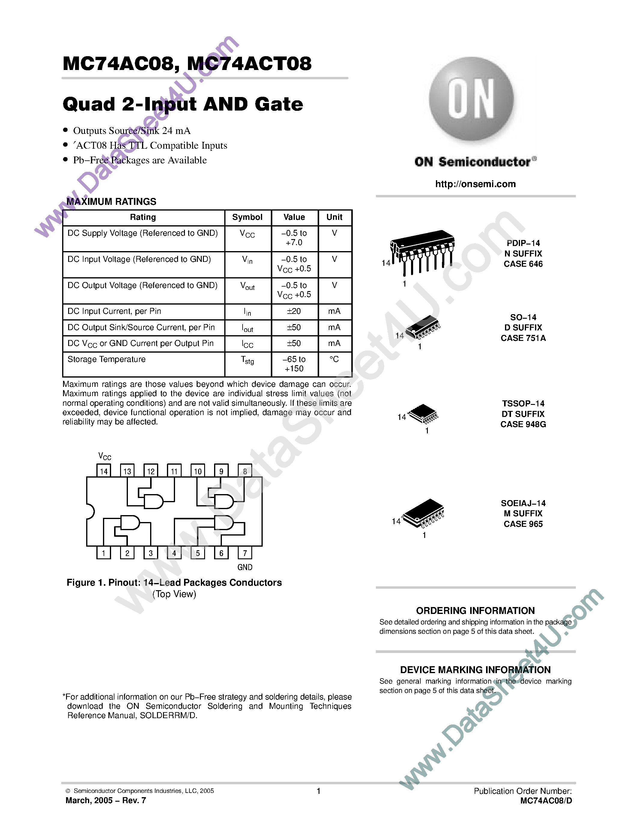 Даташит MC74AC08 - Quad 2-Input AND Gate страница 1