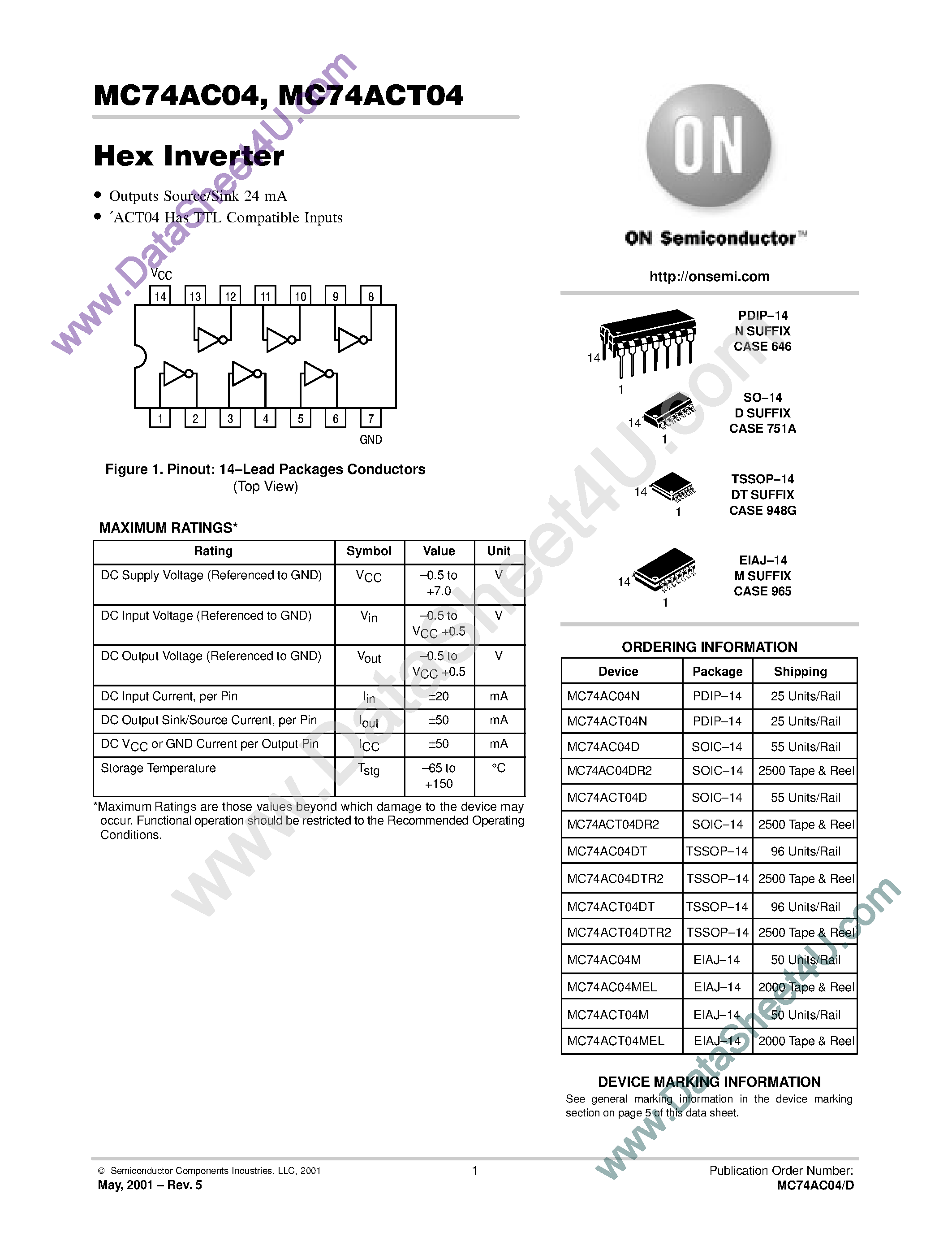 Даташит MC74AC04 - Hex Inverter страница 1