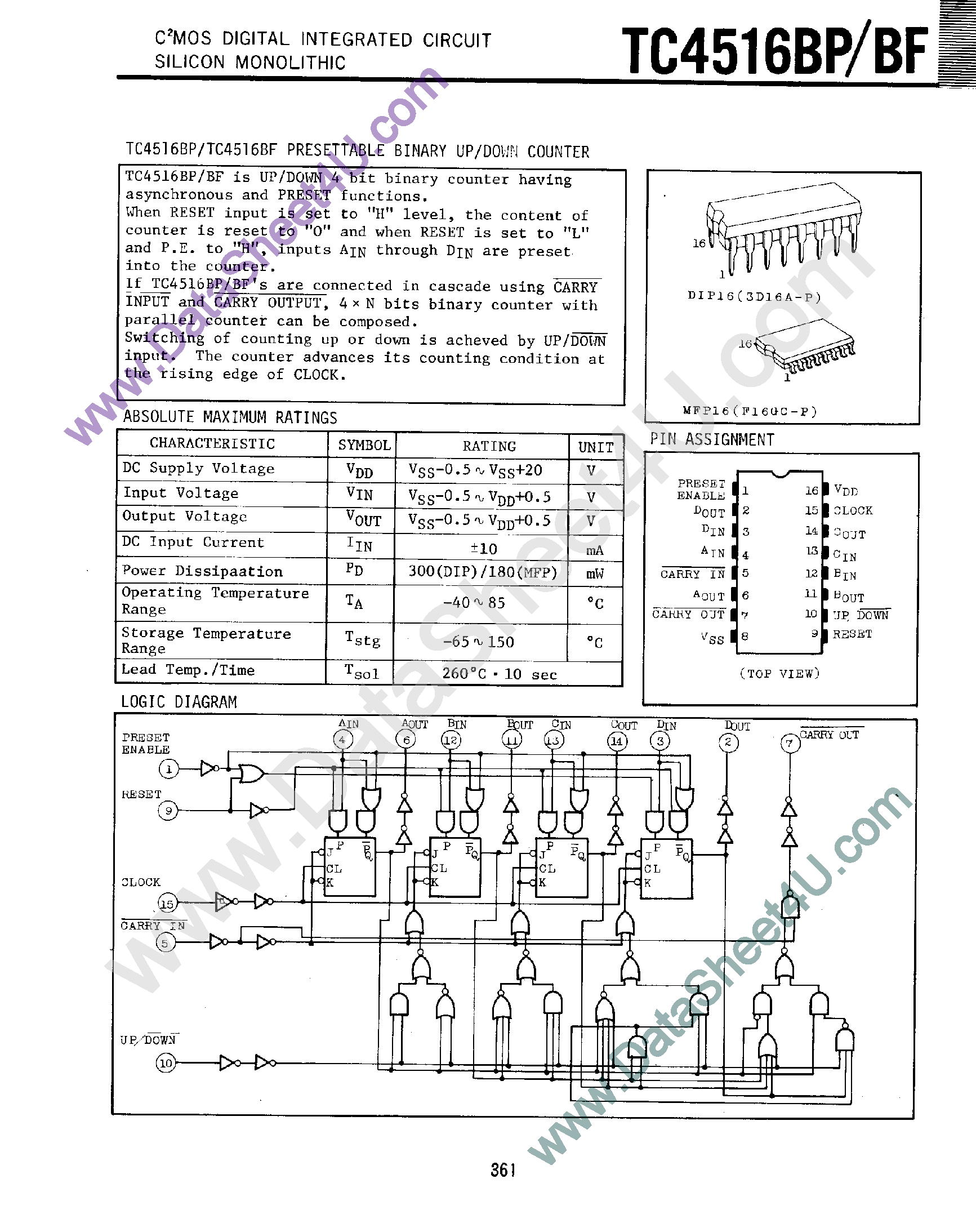 Даташит TC4516BF - Presettable Binary Up/Down Counter страница 1