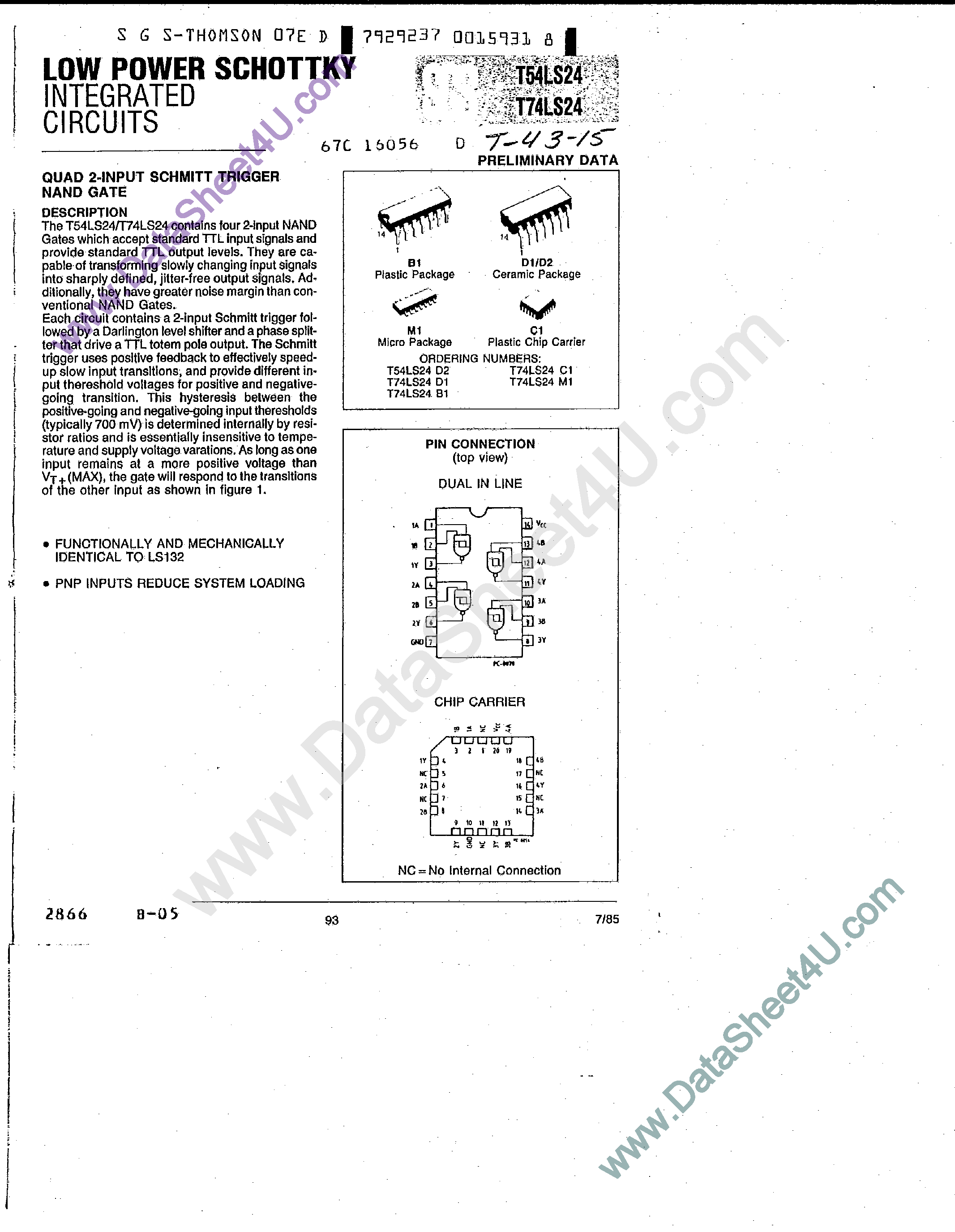 Даташит T74LS24 - Quad 2-Input Schmitt Trigger NAND Gate страница 1