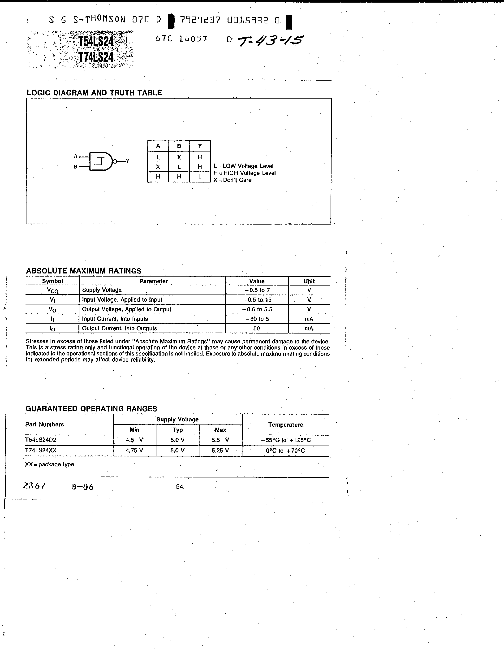 Даташит T74LS24 - Quad 2-Input Schmitt Trigger NAND Gate страница 2