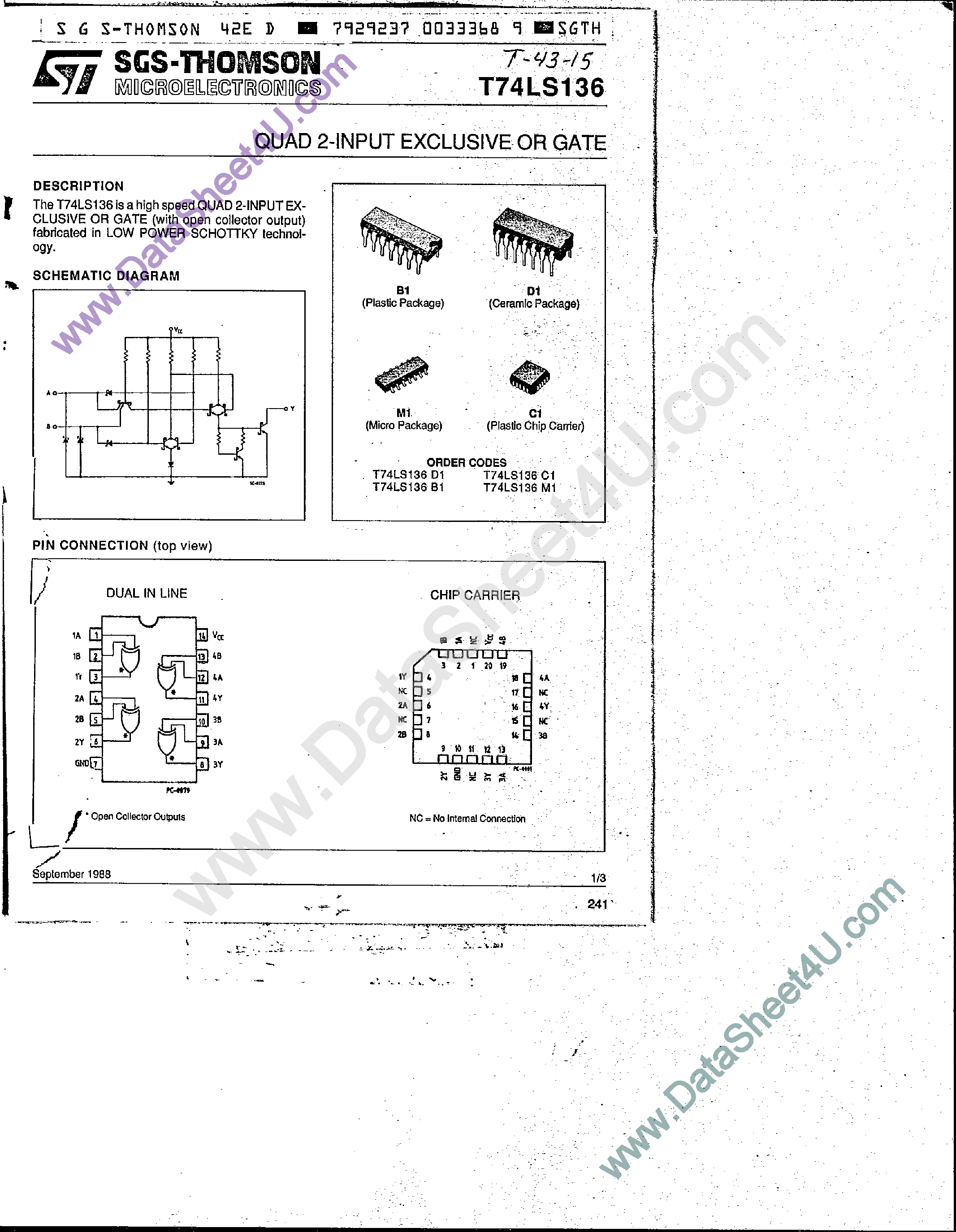 Даташит T74LS136 - Quad 2-Input Exclusive OR Gate страница 1