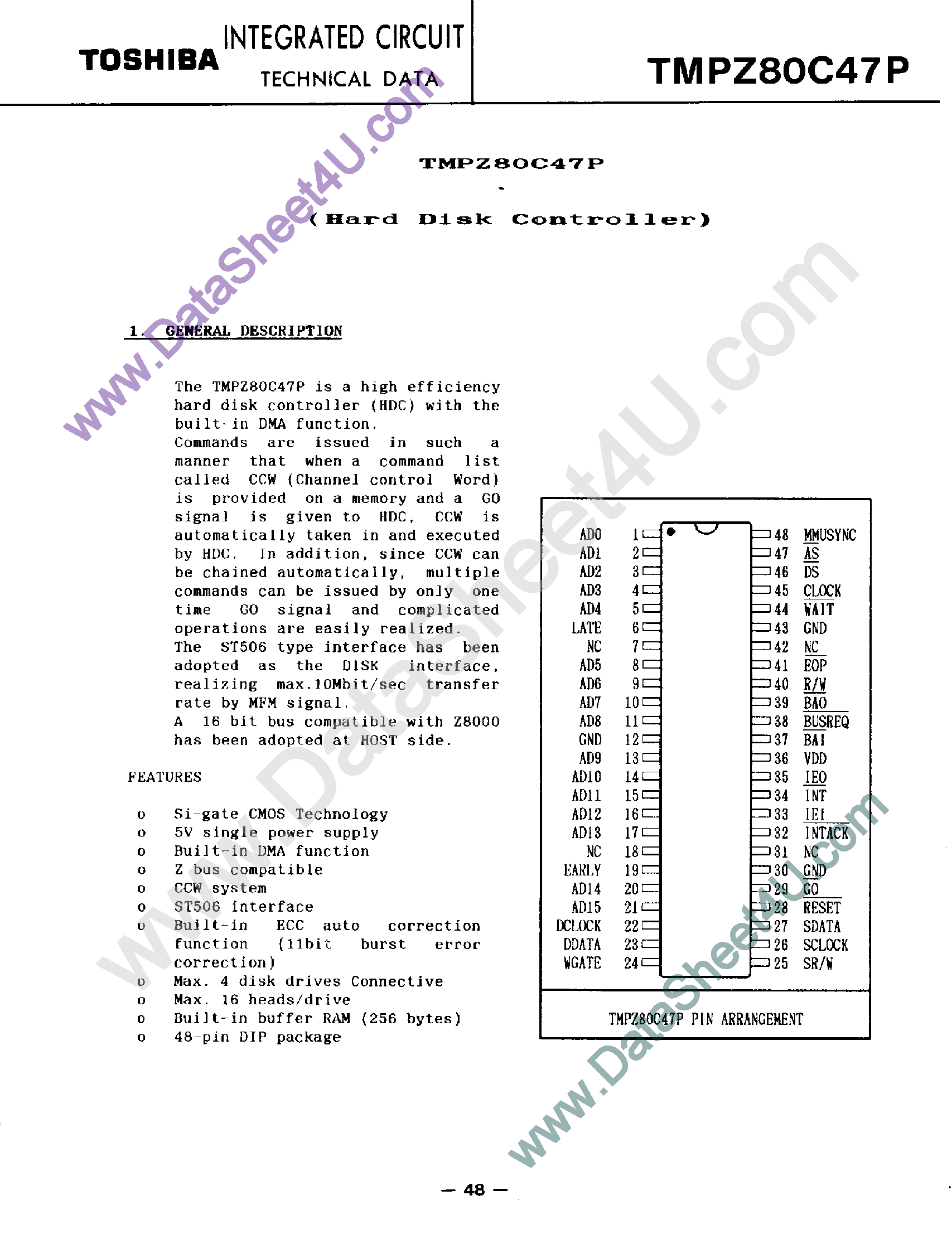 Даташит TMPZ80C47P - Hard Disk Controller страница 1