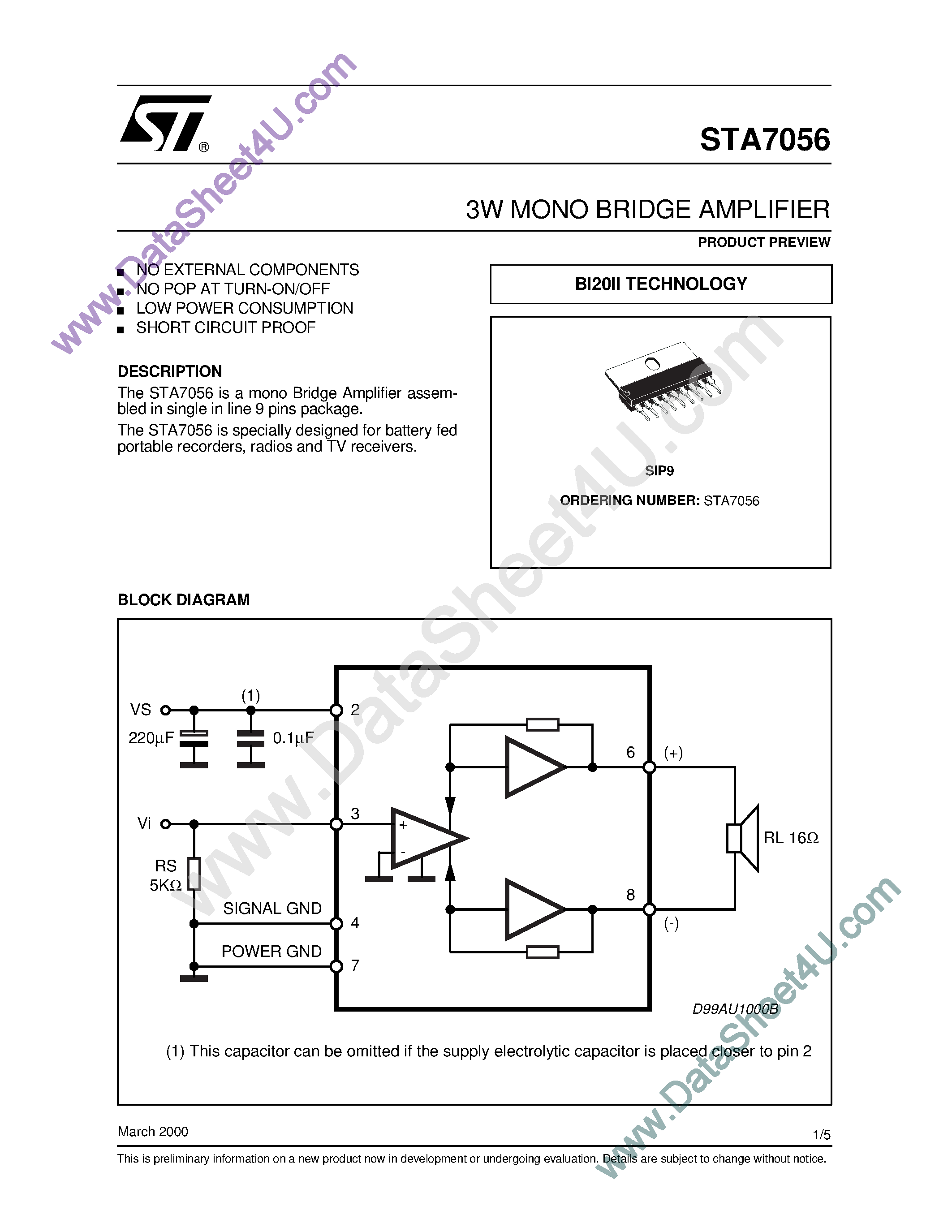 Даташит STA7056 - 3W MONO BRIDGE AMPLIFIER страница 1