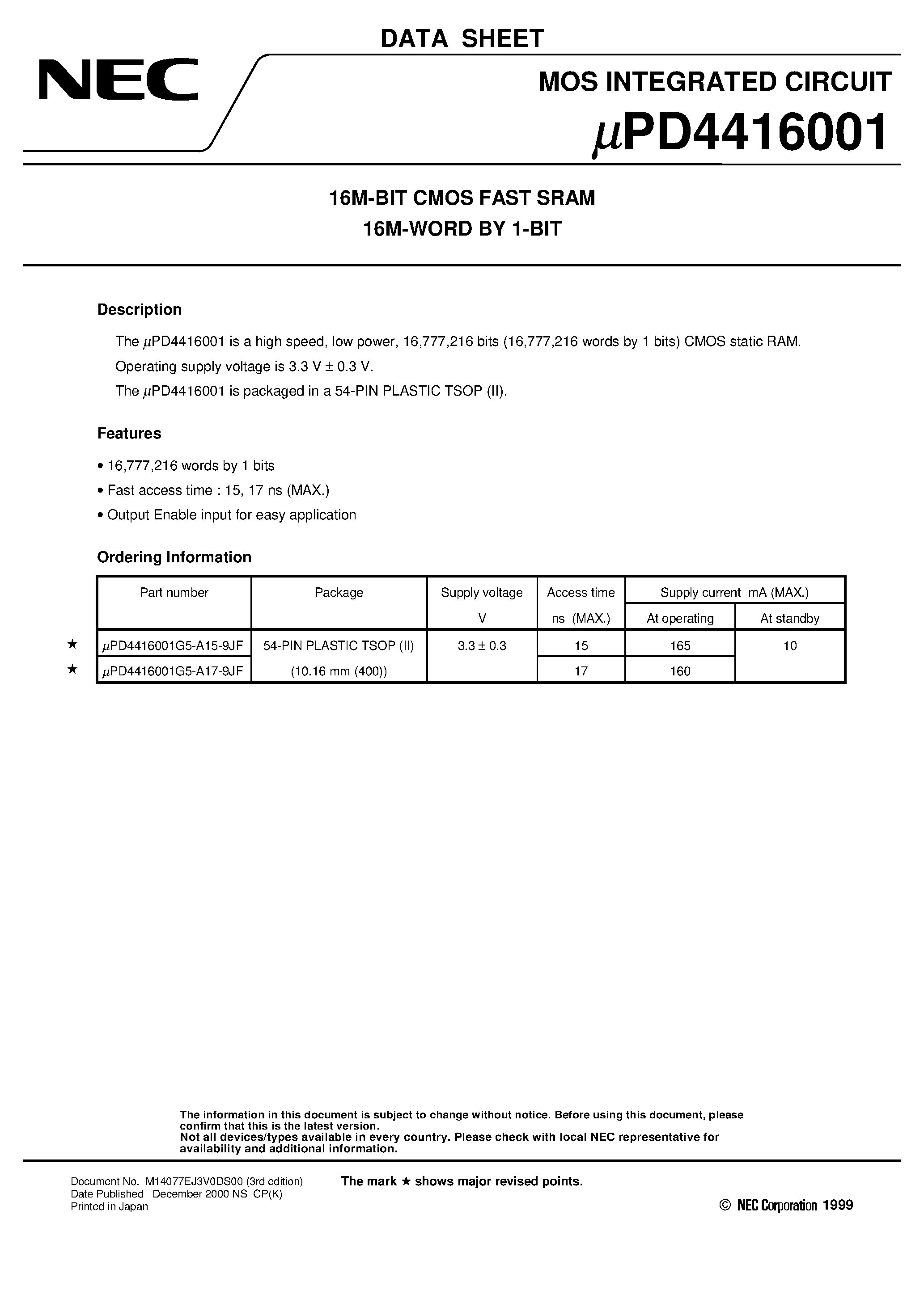 Даташит UPD4416001 - 16M-BIT CMOS FAST SRAM 16M-WORD BY 1-BIT страница 1