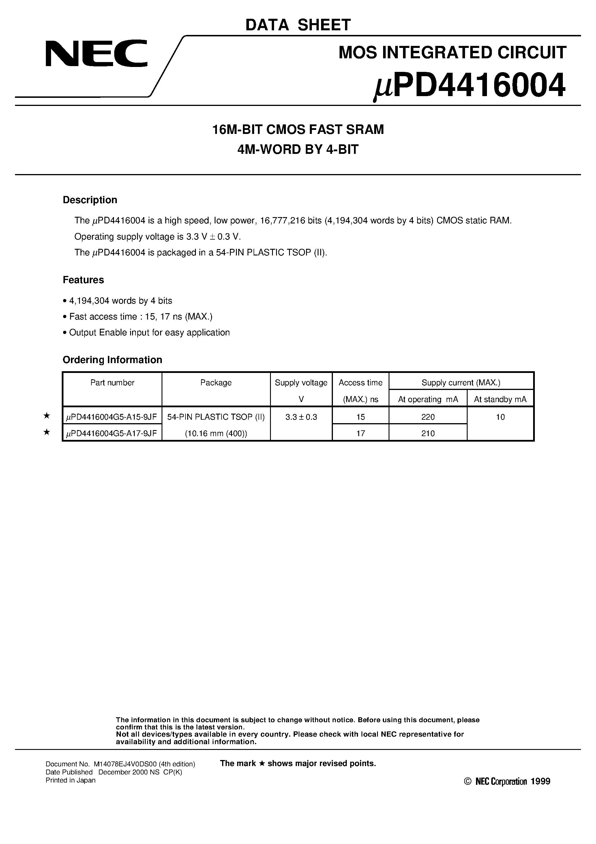 Datasheet UPD4416004 - 16M-BIT CMOS FAST SRAM 4M-WORD BY 4-BIT page 1