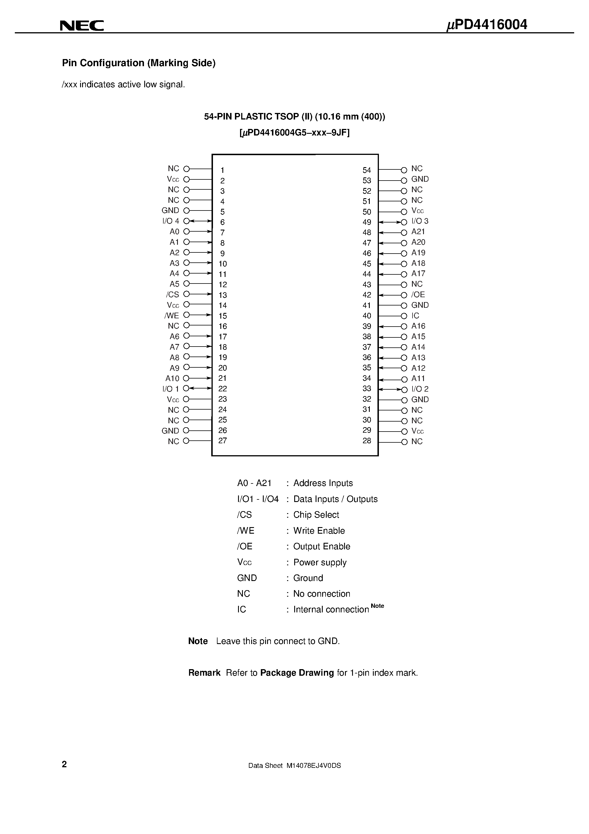 Datasheet UPD4416004 - 16M-BIT CMOS FAST SRAM 4M-WORD BY 4-BIT page 2