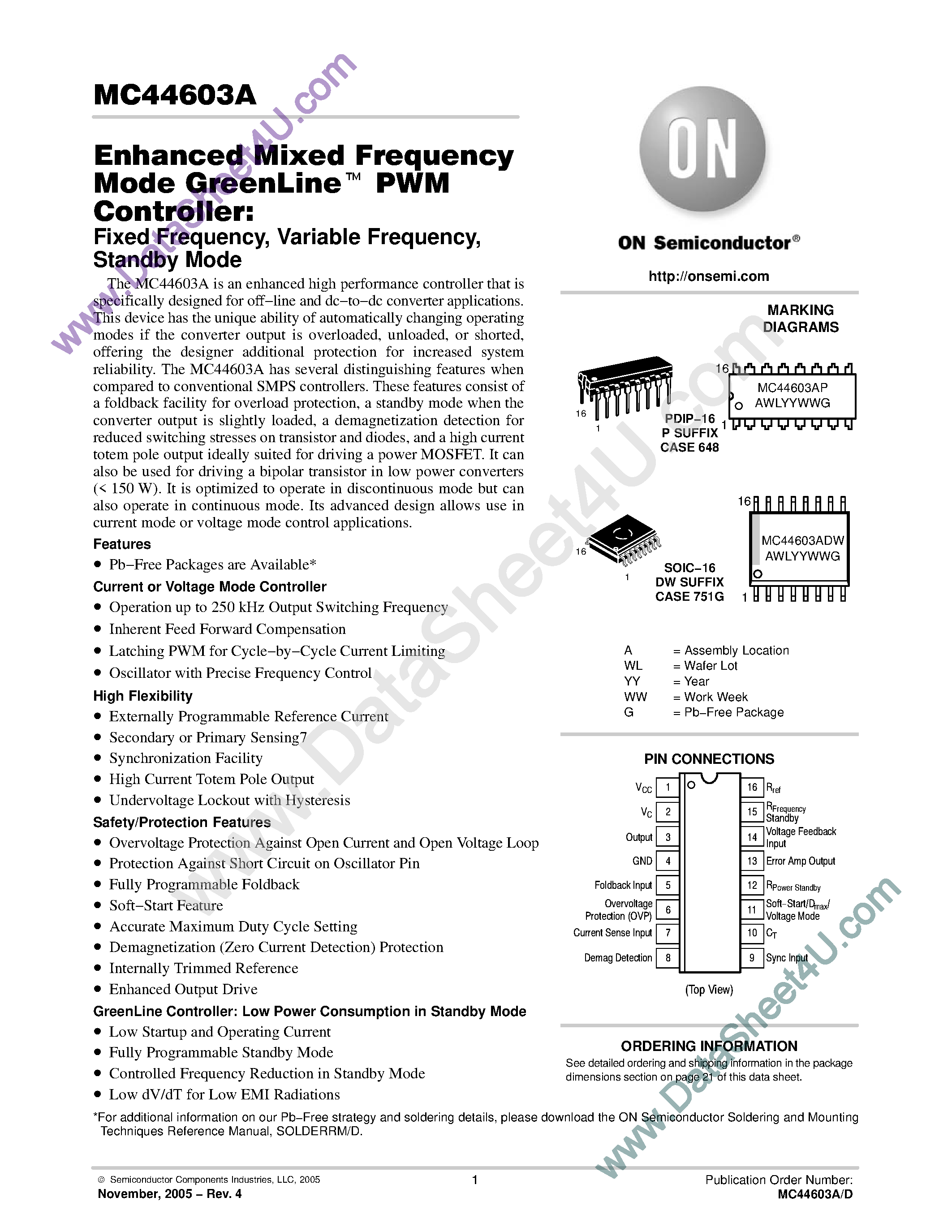 Даташит MC44603A - MIXED FREQUENCY MODE GREENLINE PWM CONTROLLER страница 1