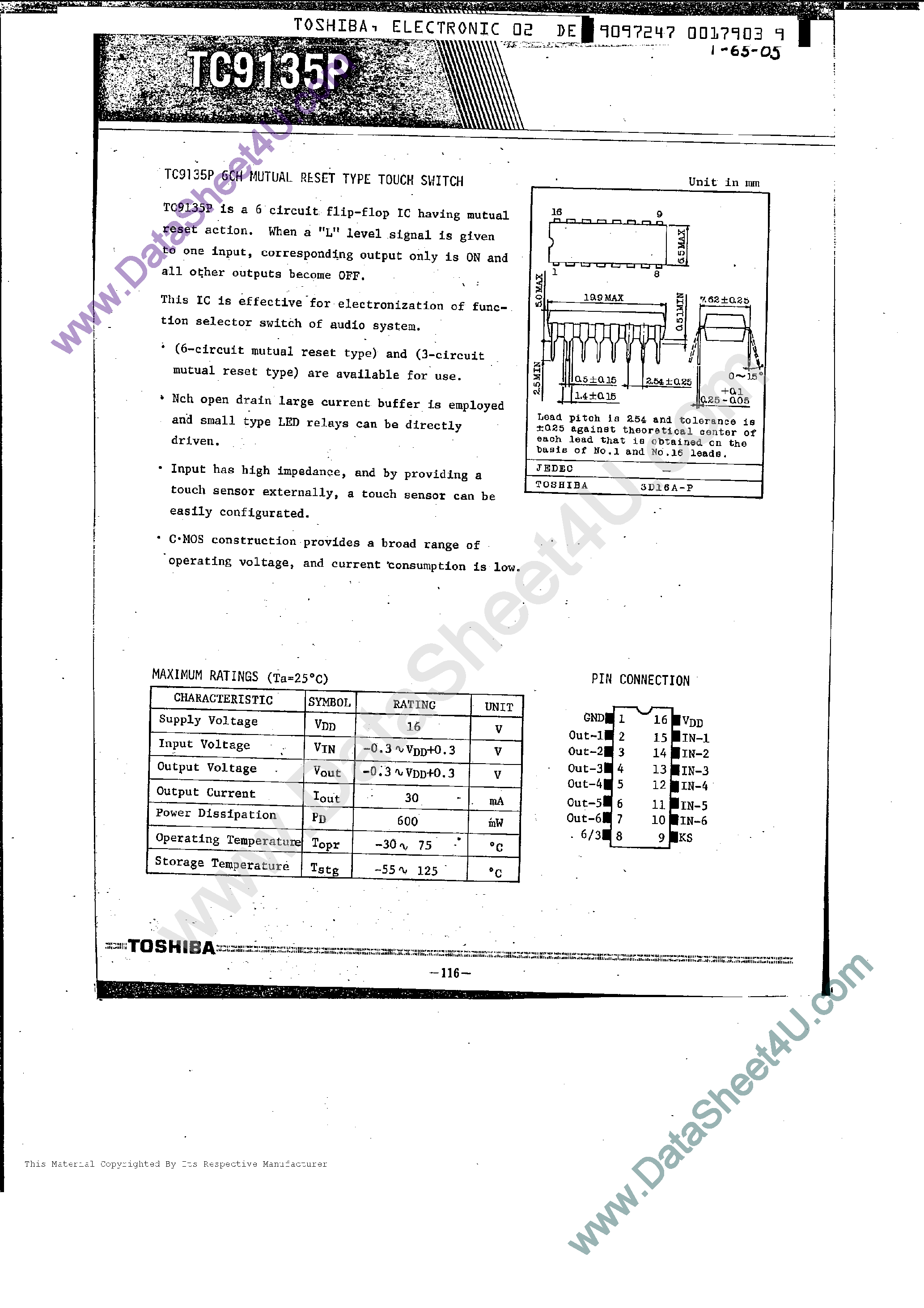 Даташит TC9135P - 6-Ch Mutual Reset Type Touch Switch страница 1