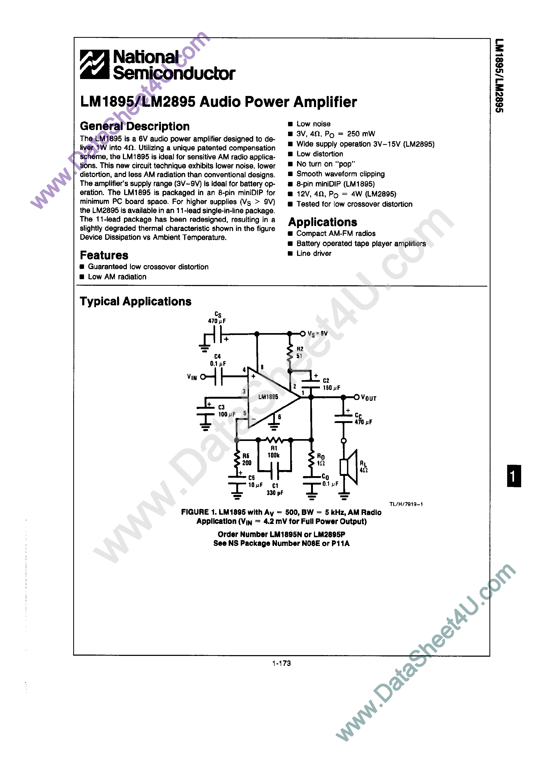 Даташит LM1895 - AUDIO POWE RAMPLIFIER страница 1