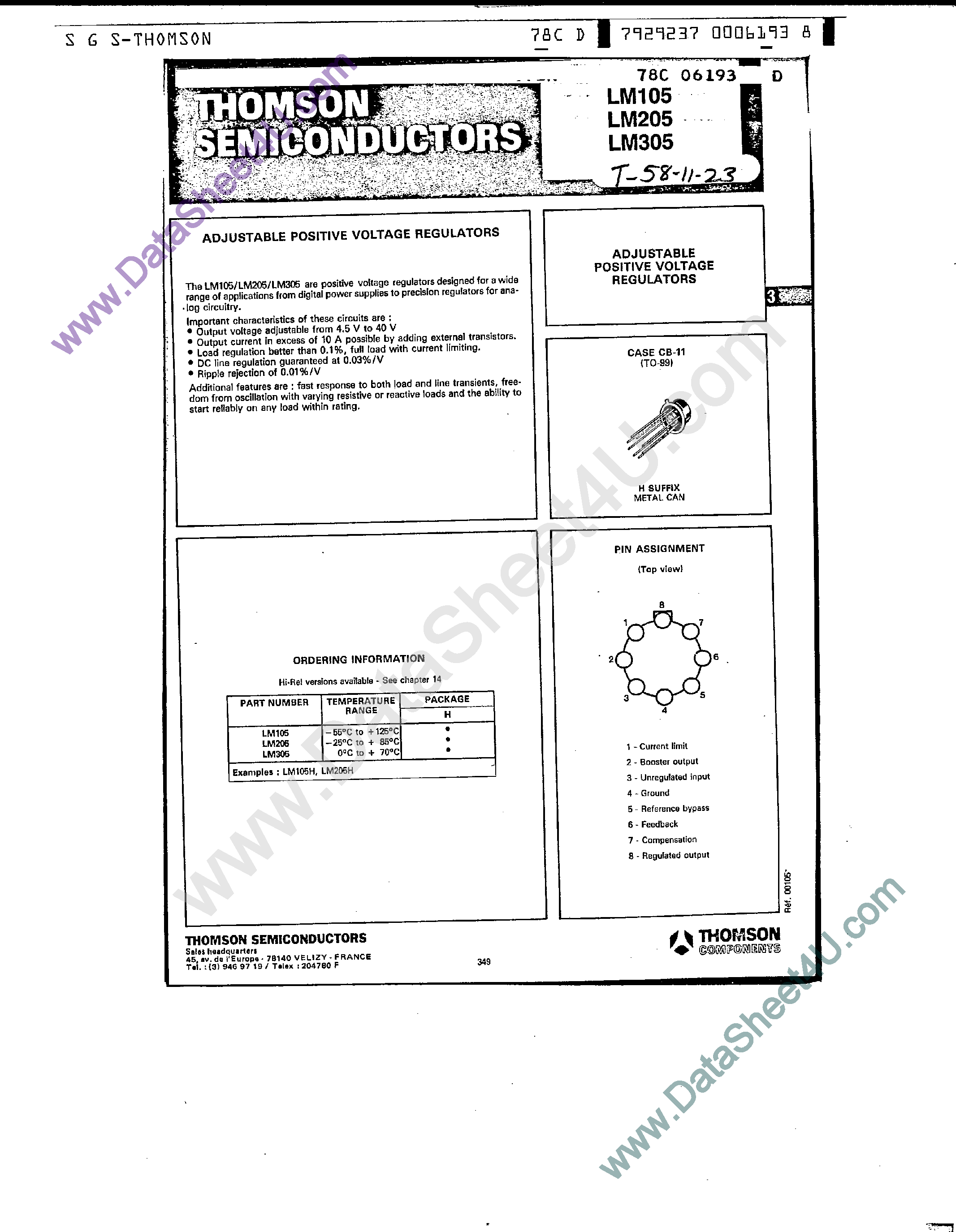 Datasheet LM205 - Adjustable Positive Voltage Regulators page 1