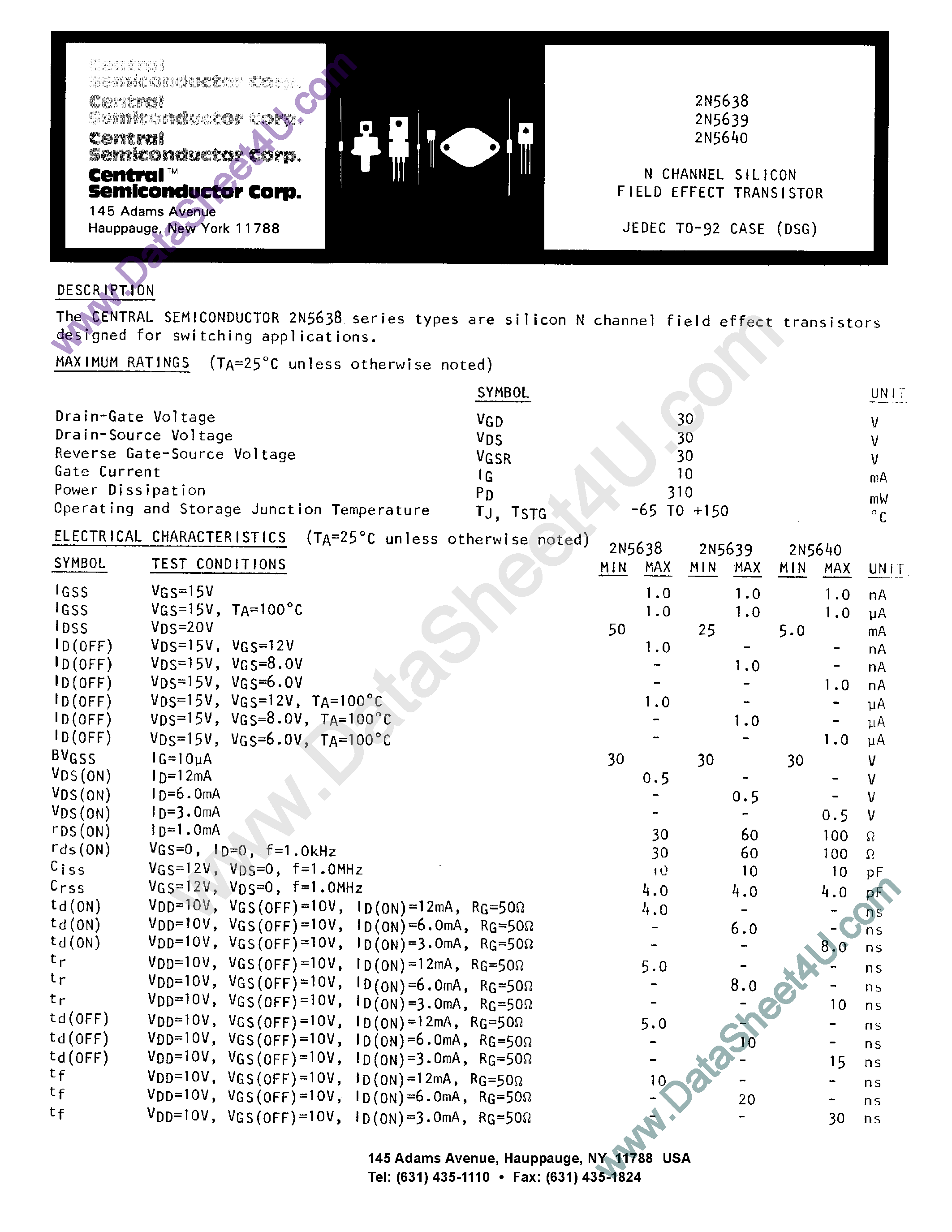 Даташит 2N5638 - (2N5638 - 2N5640) N-Channel Silicon Field Effect Transistor страница 1