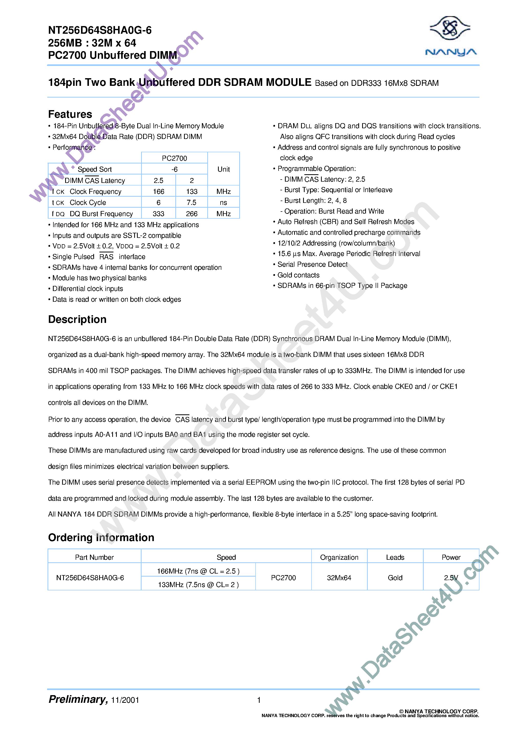 Даташит NT256D64S8HA0G-6 - 256MB DIMM страница 1