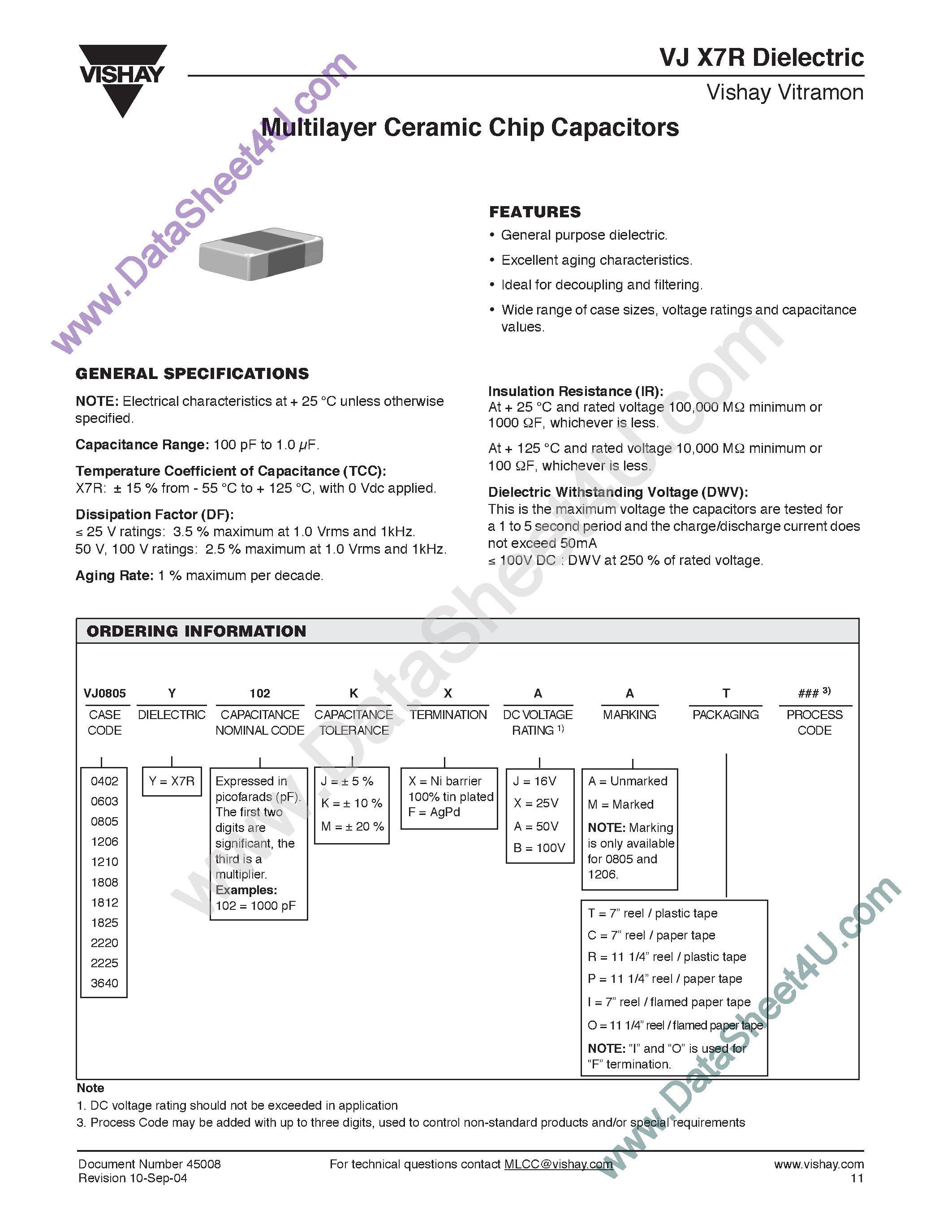 Datasheet VJ2220Yxxxx - (VJ Series) Multilayer Ceramic Chip Capacitors page 1